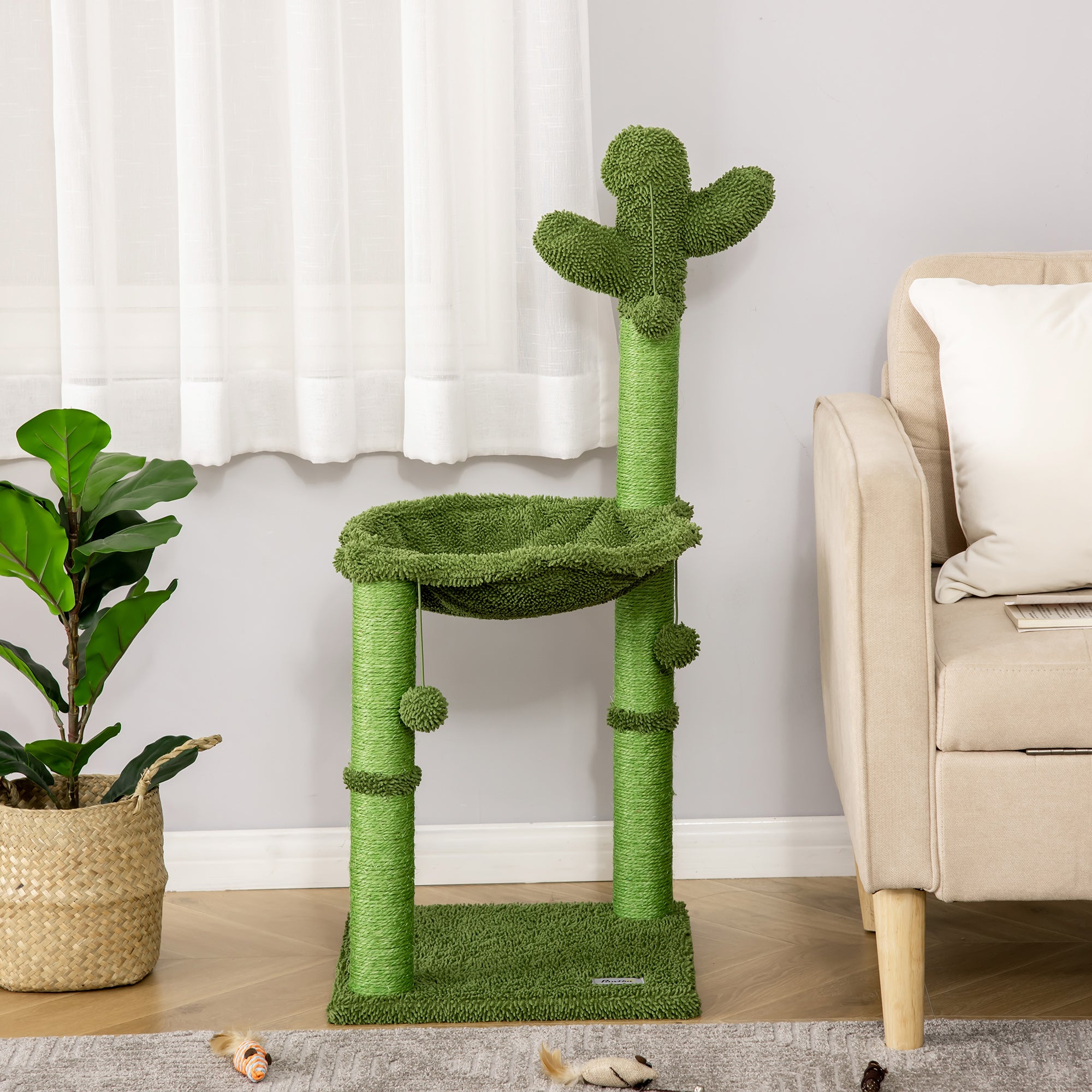 PawHut Cactus Cat Tree Tower for Indoor Cats Sisal Scratching Post with Hammock Bed Dangling Ball 40 x 40 x 96 cm