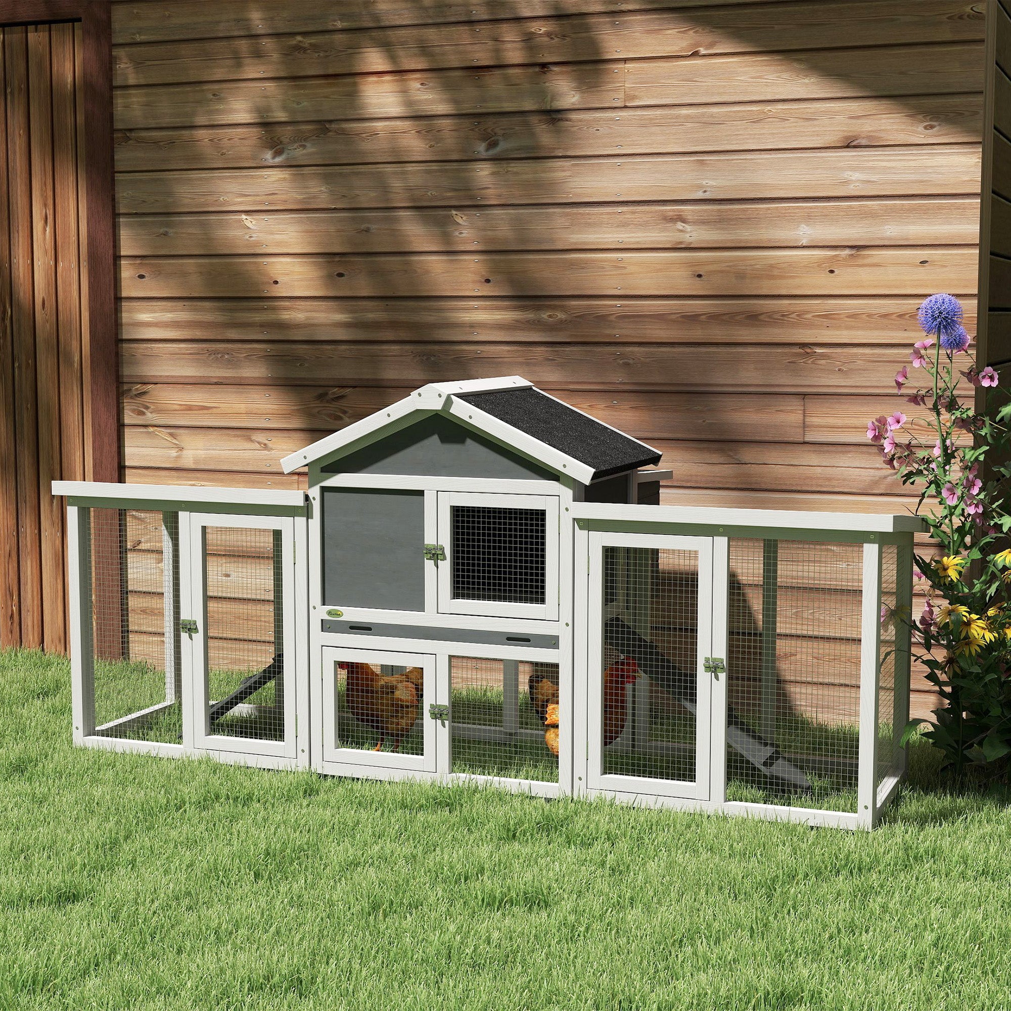 PawHut Large Chicken Coop with Run Garden Hen House Poultry Coops Cages with Nesting Box Wooden 204 x 85 x 93cm, Grey