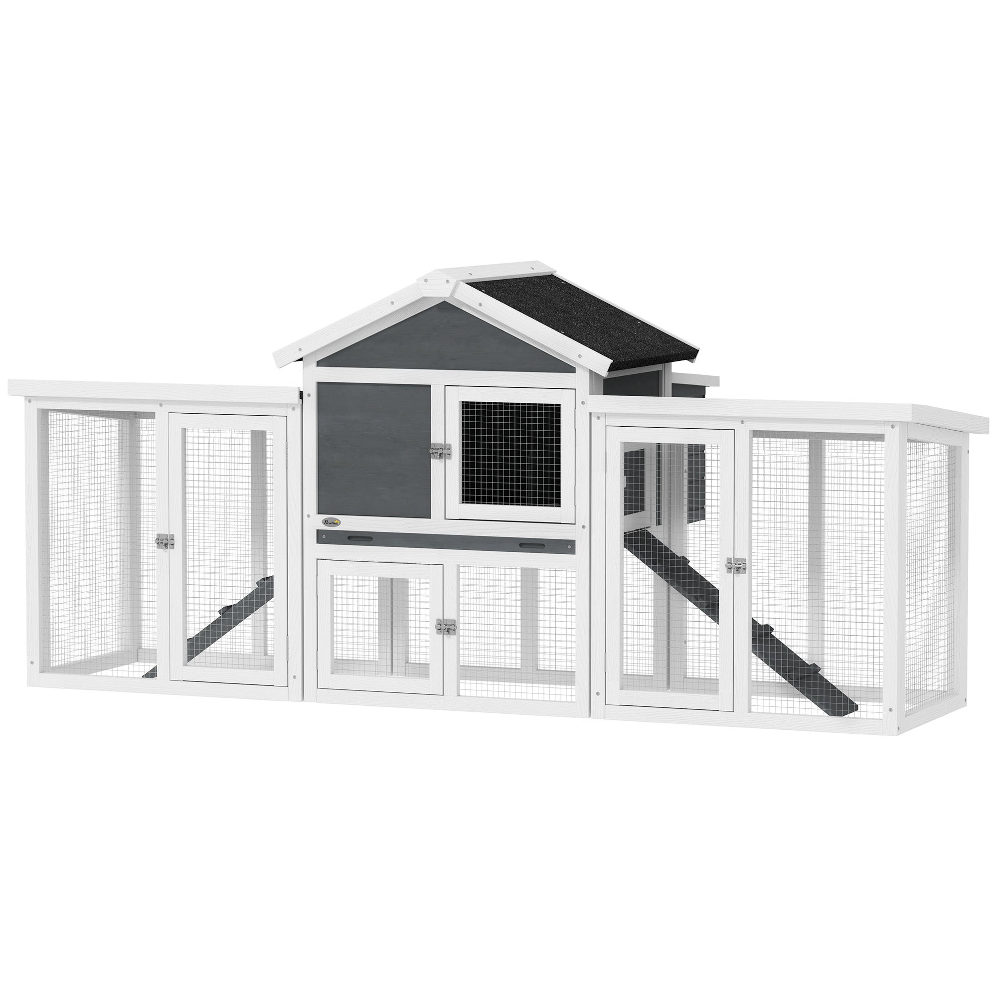 PawHut Large Chicken Coop with Run Garden Hen House Poultry Coops Cages with Nesting Box Wooden 204 x 85 x 93cm, Grey