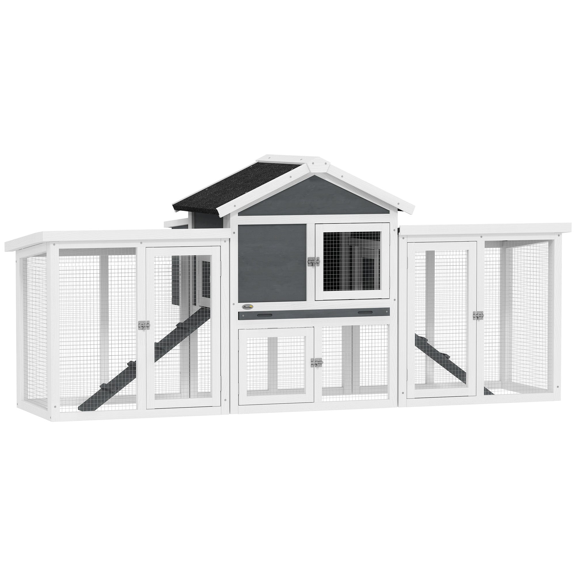 PawHut Large Chicken Coop with Run Garden Hen House Poultry Coops Cages with Nesting Box Wooden 204 x 85 x 93cm, Grey