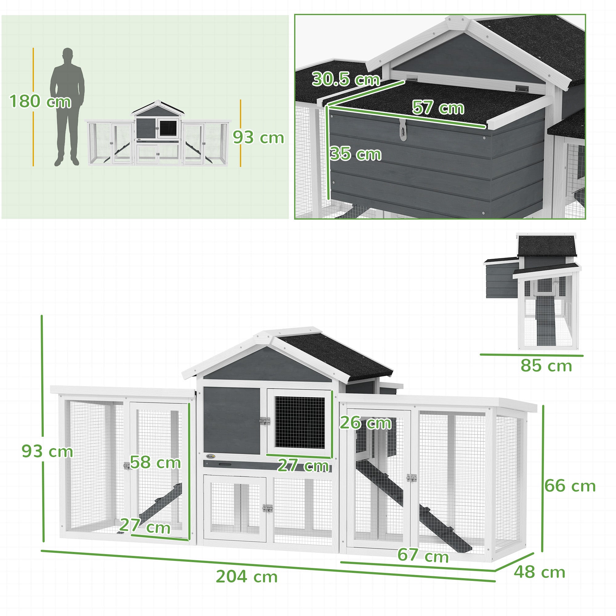 PawHut Large Chicken Coop with Run Garden Hen House Poultry Coops Cages with Nesting Box Wooden 204 x 85 x 93cm, Grey
