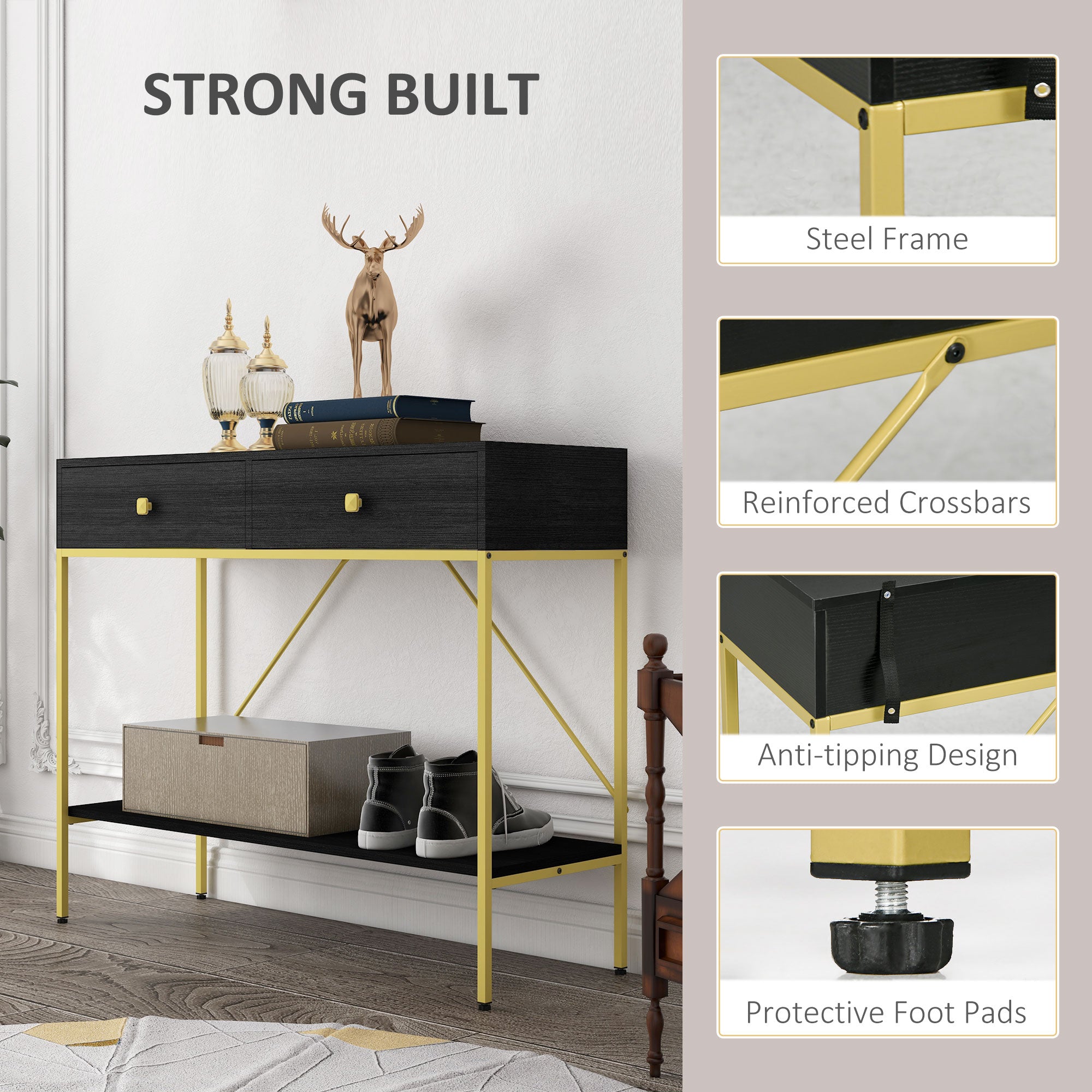 HOMCOM 39.4" Modern Console Table with Drawers, 2-Tier Entryway Table with Shelf and Steel Frame for Hallway, Living Room, Black
