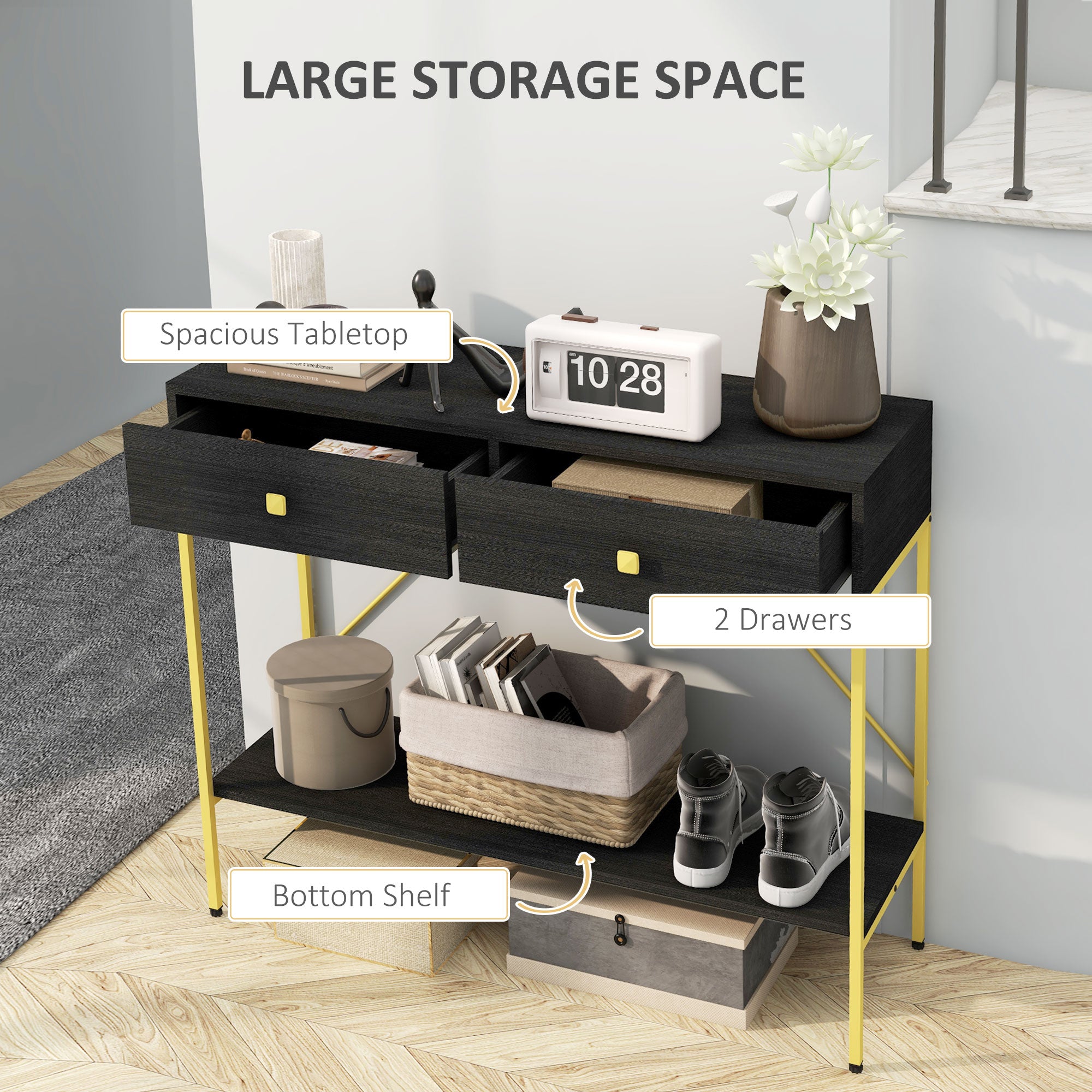 HOMCOM 39.4" Modern Console Table with Drawers, 2-Tier Entryway Table with Shelf and Steel Frame for Hallway, Living Room, Black