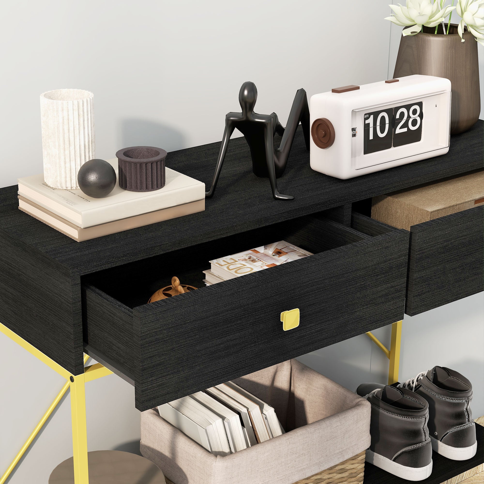 HOMCOM 39.4" Modern Console Table with Drawers, 2-Tier Entryway Table with Shelf and Steel Frame for Hallway, Living Room, Black