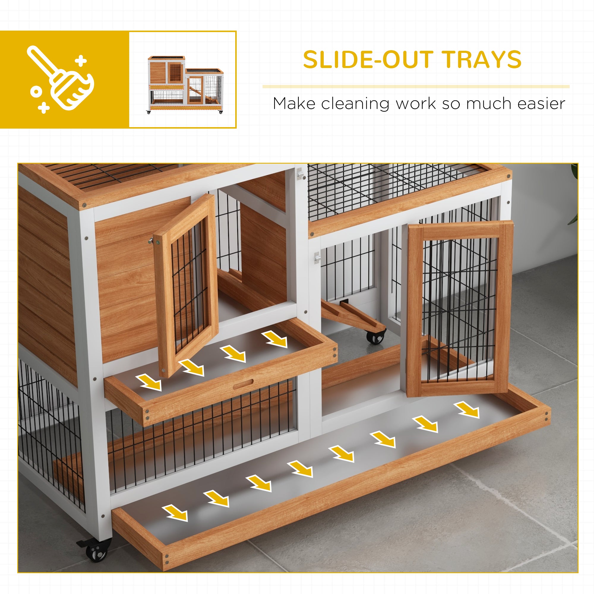 PawHut Wooden Indoor Rabbit Hutch, Guinea Pig House, Bunny Small Animal Cage With Wheels, Enclosed Run 110 x 50 x 86 cm, Yellow