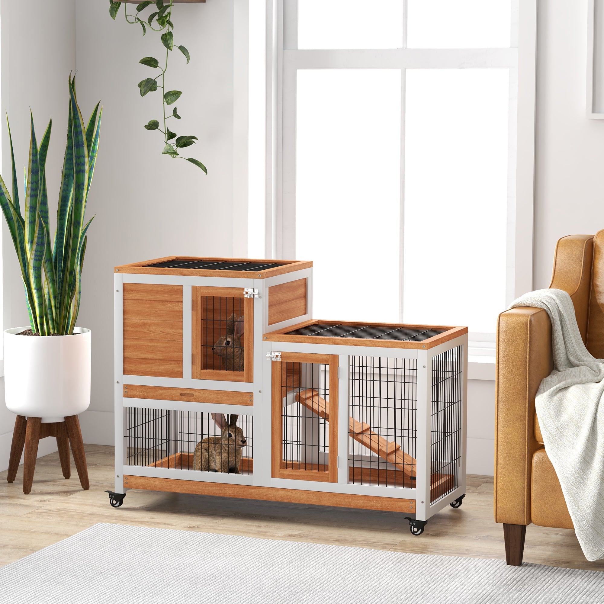 PawHut Wooden Indoor Rabbit Hutch, Guinea Pig House, Bunny Small Animal Cage With Wheels, Enclosed Run 110 x 50 x 86 cm, Yellow