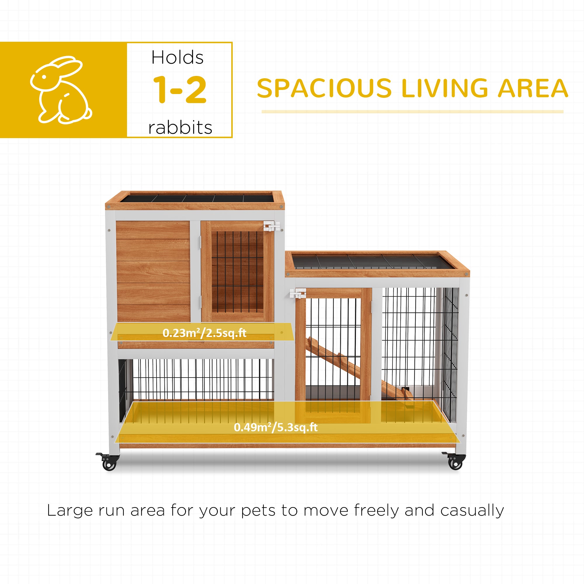 PawHut Wooden Indoor Rabbit Hutch, Guinea Pig House, Bunny Small Animal Cage With Wheels, Enclosed Run 110 x 50 x 86 cm, Yellow