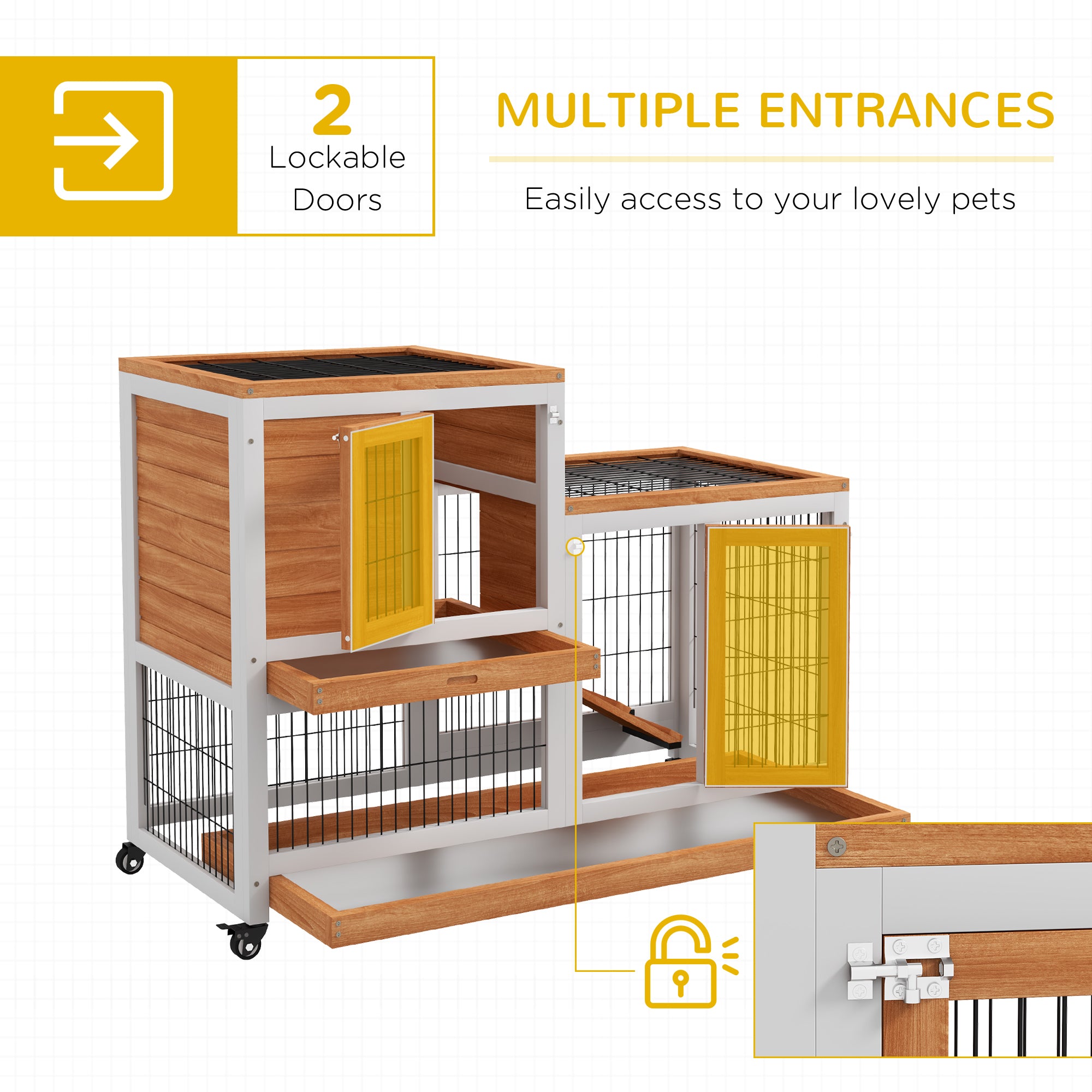 PawHut Wooden Indoor Rabbit Hutch, Guinea Pig House, Bunny Small Animal Cage With Wheels, Enclosed Run 110 x 50 x 86 cm, Yellow