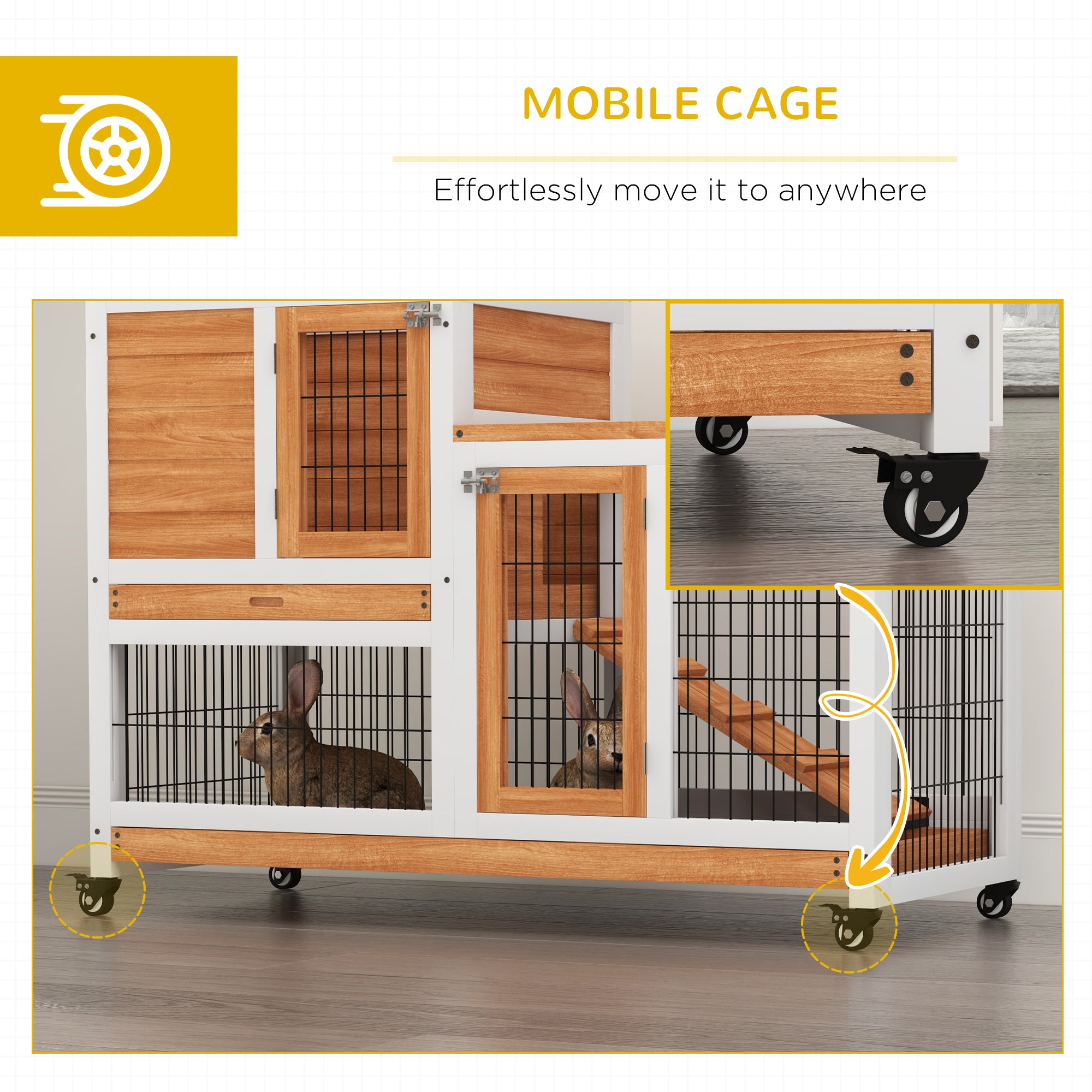 PawHut Wooden Indoor Rabbit Hutch, Guinea Pig House, Bunny Small Animal Cage With Wheels, Enclosed Run 110 x 50 x 86 cm, Yellow