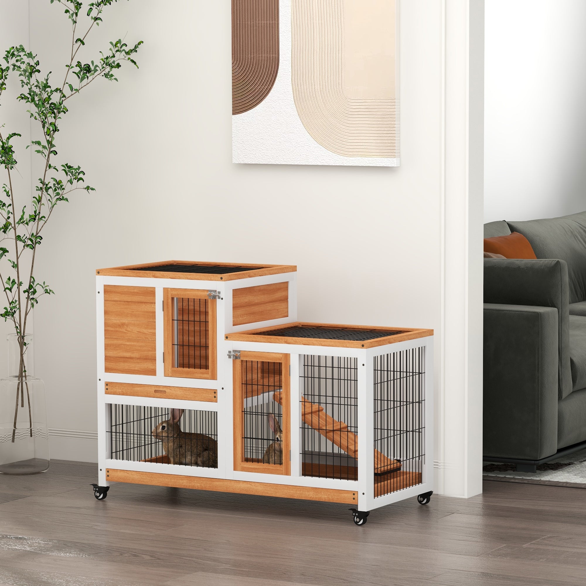 PawHut Wooden Indoor Rabbit Hutch, Guinea Pig House, Bunny Small Animal Cage With Wheels, Enclosed Run 110 x 50 x 86 cm, Yellow