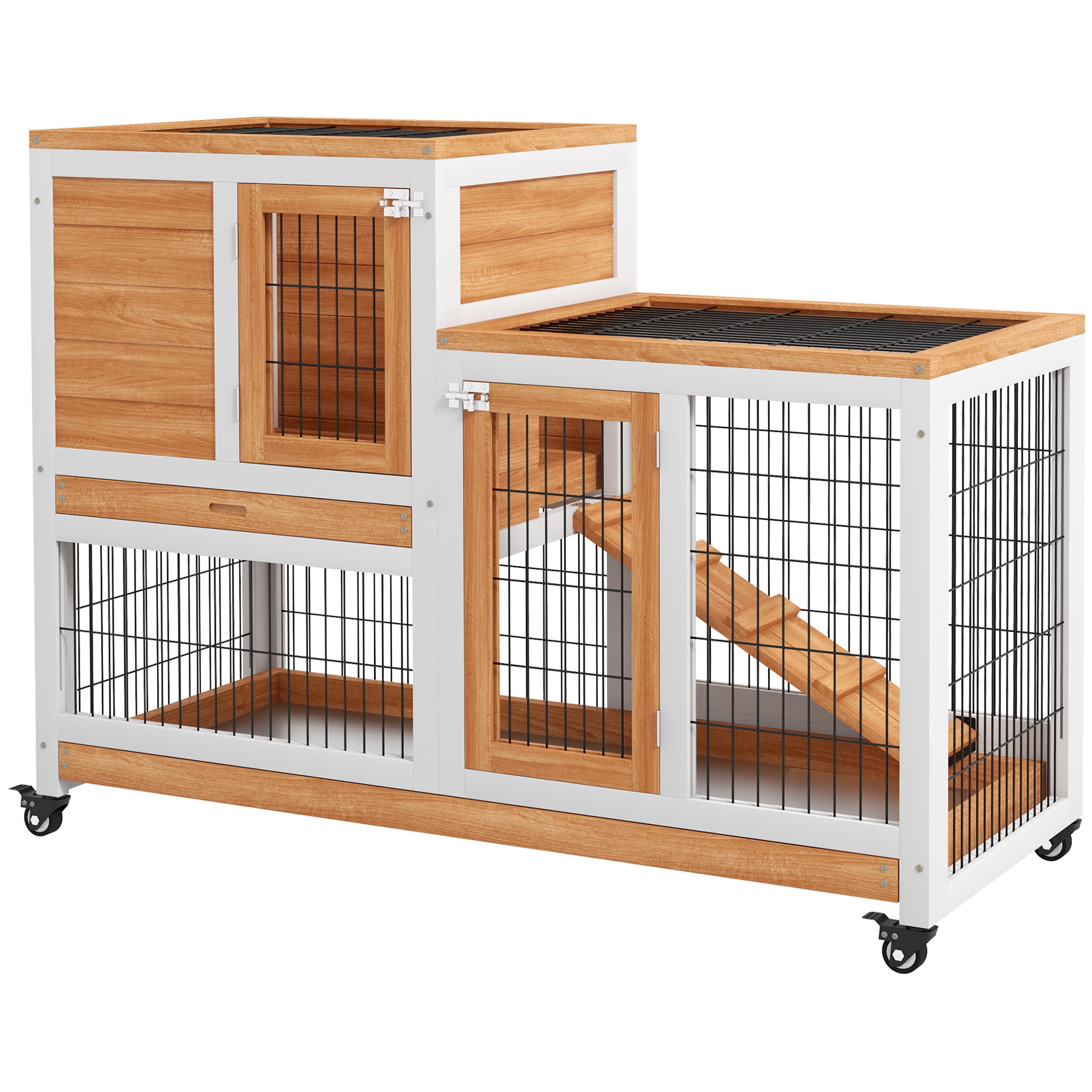 PawHut Wooden Indoor Rabbit Hutch, Guinea Pig House, Bunny Small Animal Cage With Wheels, Enclosed Run 110 x 50 x 86 cm, Yellow