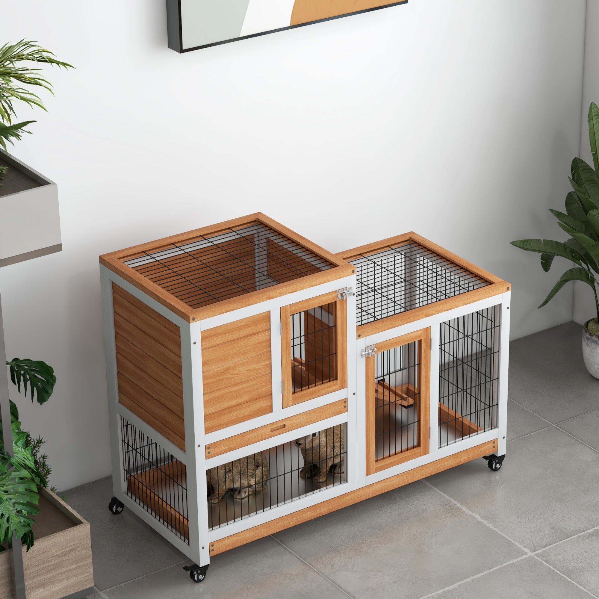 PawHut Wooden Indoor Rabbit Hutch, Guinea Pig House, Bunny Small Animal Cage With Wheels, Enclosed Run 110 x 50 x 86 cm, Yellow
