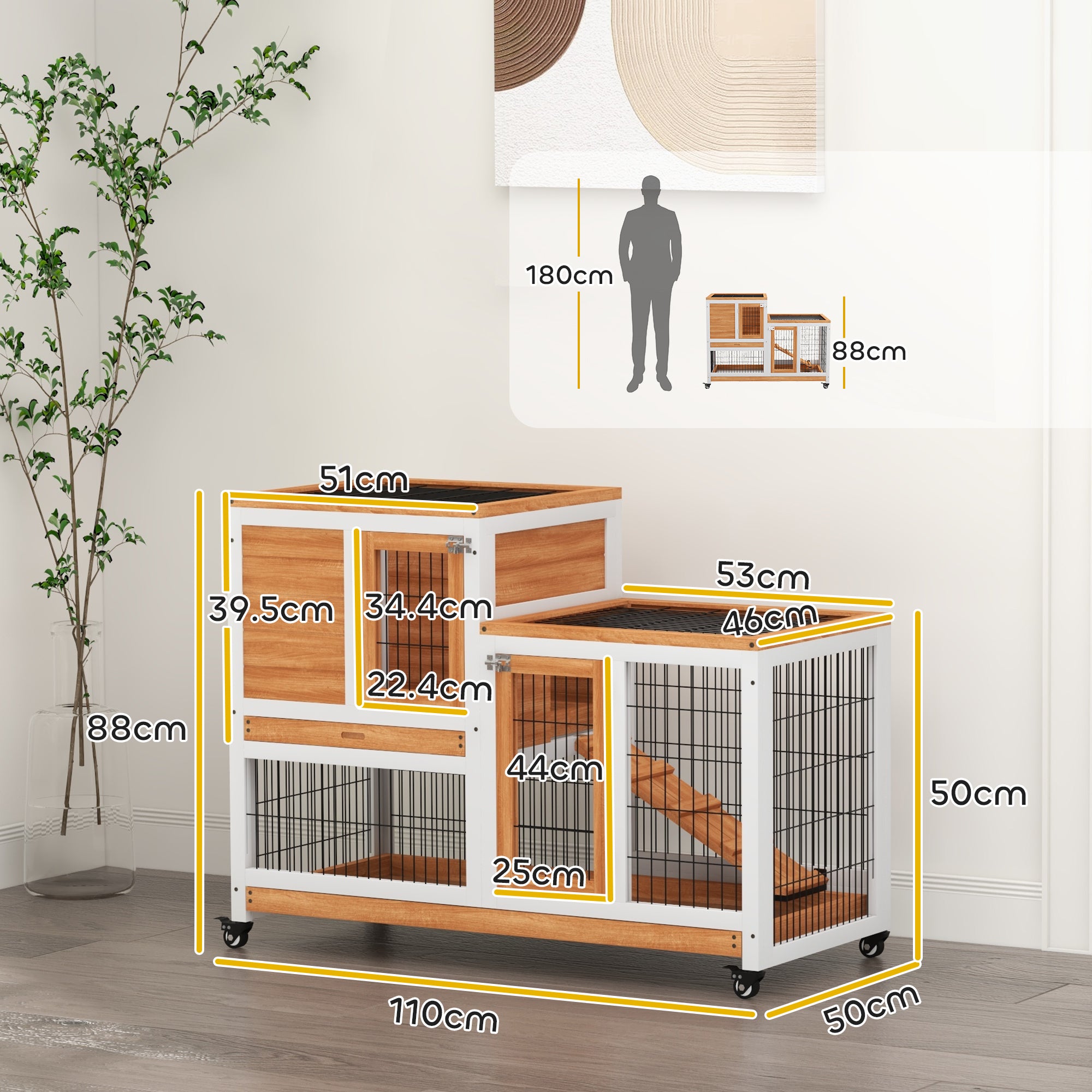 PawHut Wooden Indoor Rabbit Hutch, Guinea Pig House, Bunny Small Animal Cage With Wheels, Enclosed Run 110 x 50 x 86 cm, Yellow