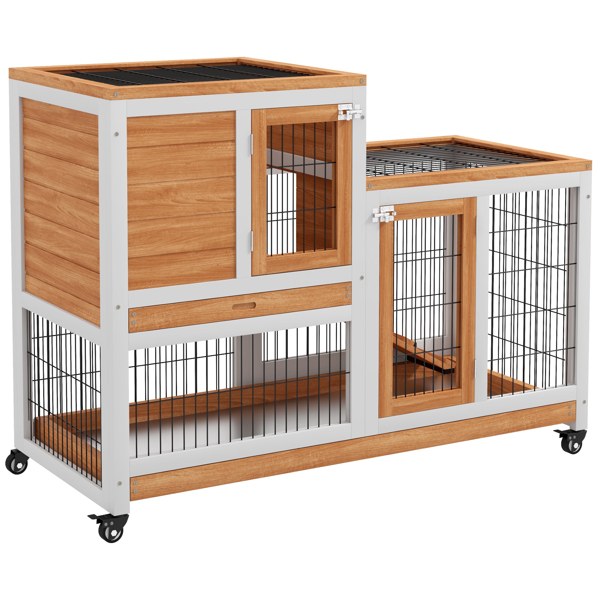 PawHut Wooden Indoor Rabbit Hutch, Guinea Pig House, Bunny Small Animal Cage With Wheels, Enclosed Run 110 x 50 x 86 cm, Yellow