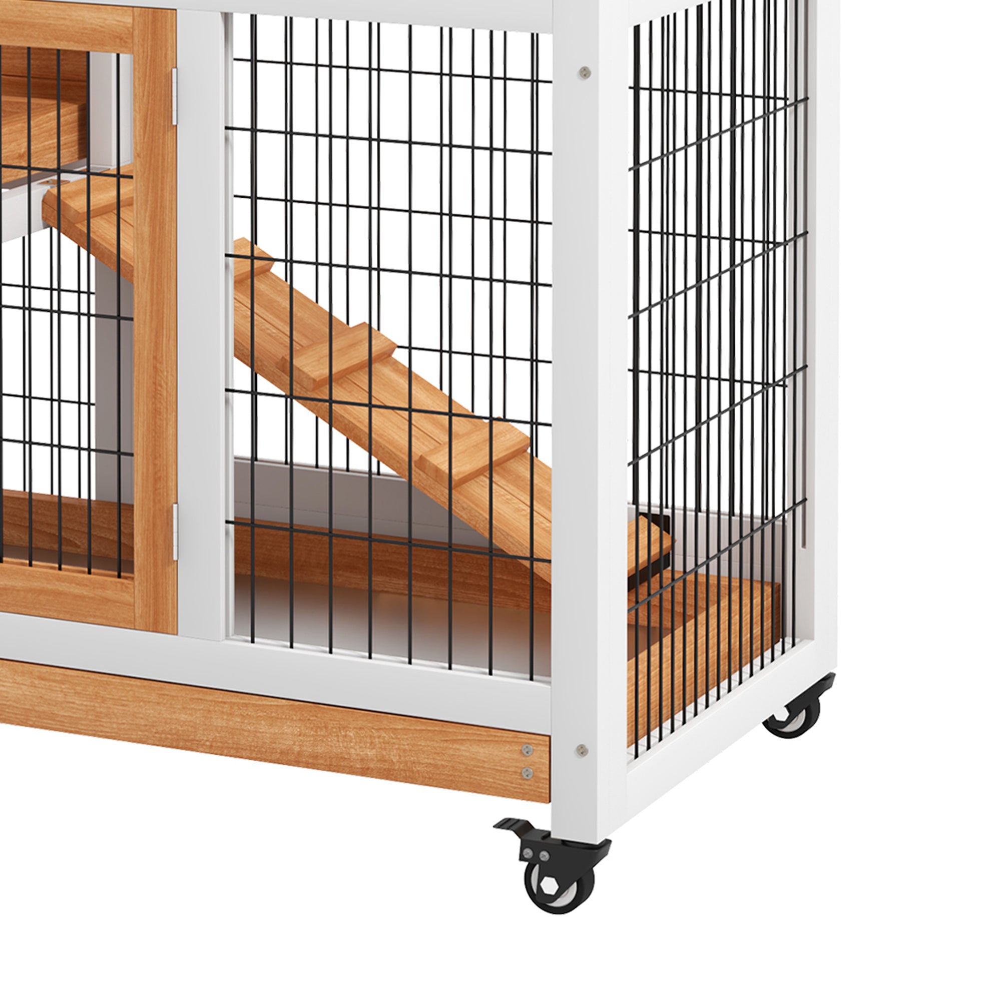 PawHut Wooden Indoor Rabbit Hutch, Guinea Pig House, Bunny Small Animal Cage With Wheels, Enclosed Run 110 x 50 x 86 cm, Yellow