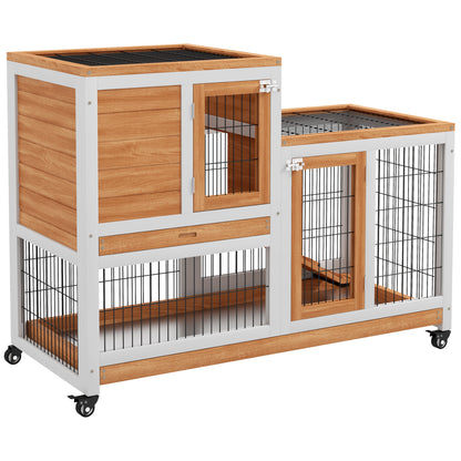 PawHut Wooden Indoor Rabbit Hutch, Guinea Pig House, Bunny Small Animal Cage With Wheels, Enclosed Run 110 x 50 x 86 cm, Yellow