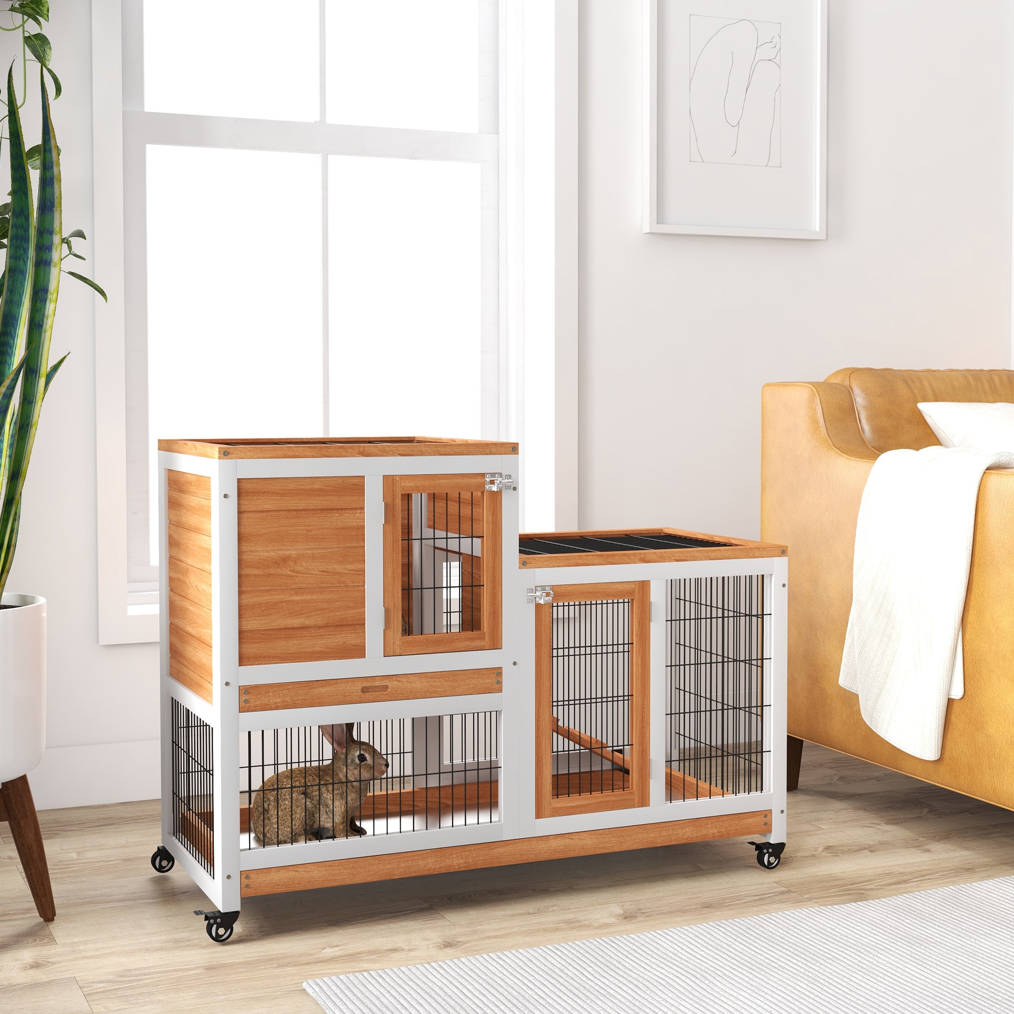PawHut Wooden Indoor Rabbit Hutch, Guinea Pig House, Bunny Small Animal Cage With Wheels, Enclosed Run 110 x 50 x 86 cm, Yellow