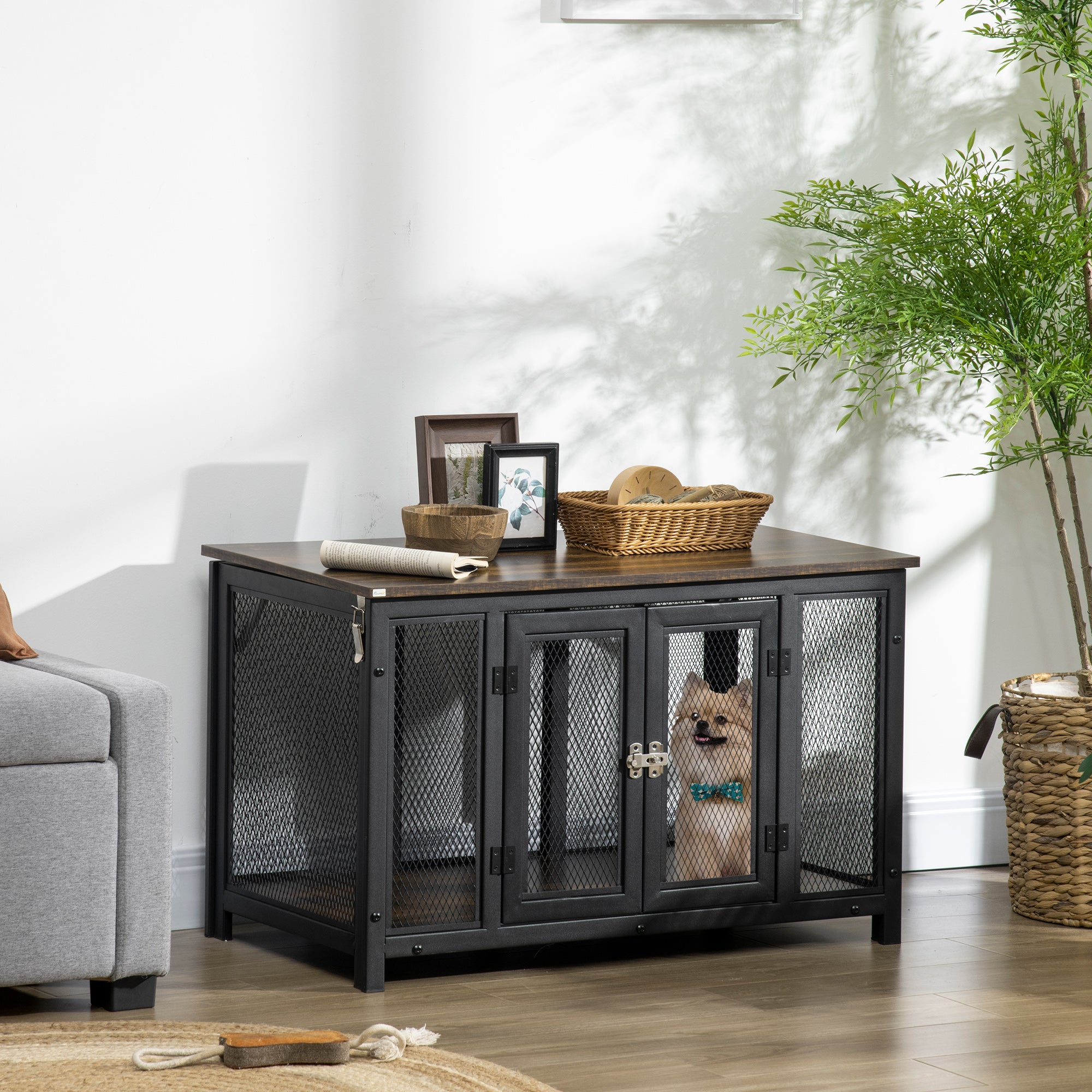 PawHut Furniture Style Dog Crate with Openable Top, Big Dog Crate End Table, Puppy Crate for Small Dogs Indoor, Spacious Interior, Pet Kennel, Brown, Black