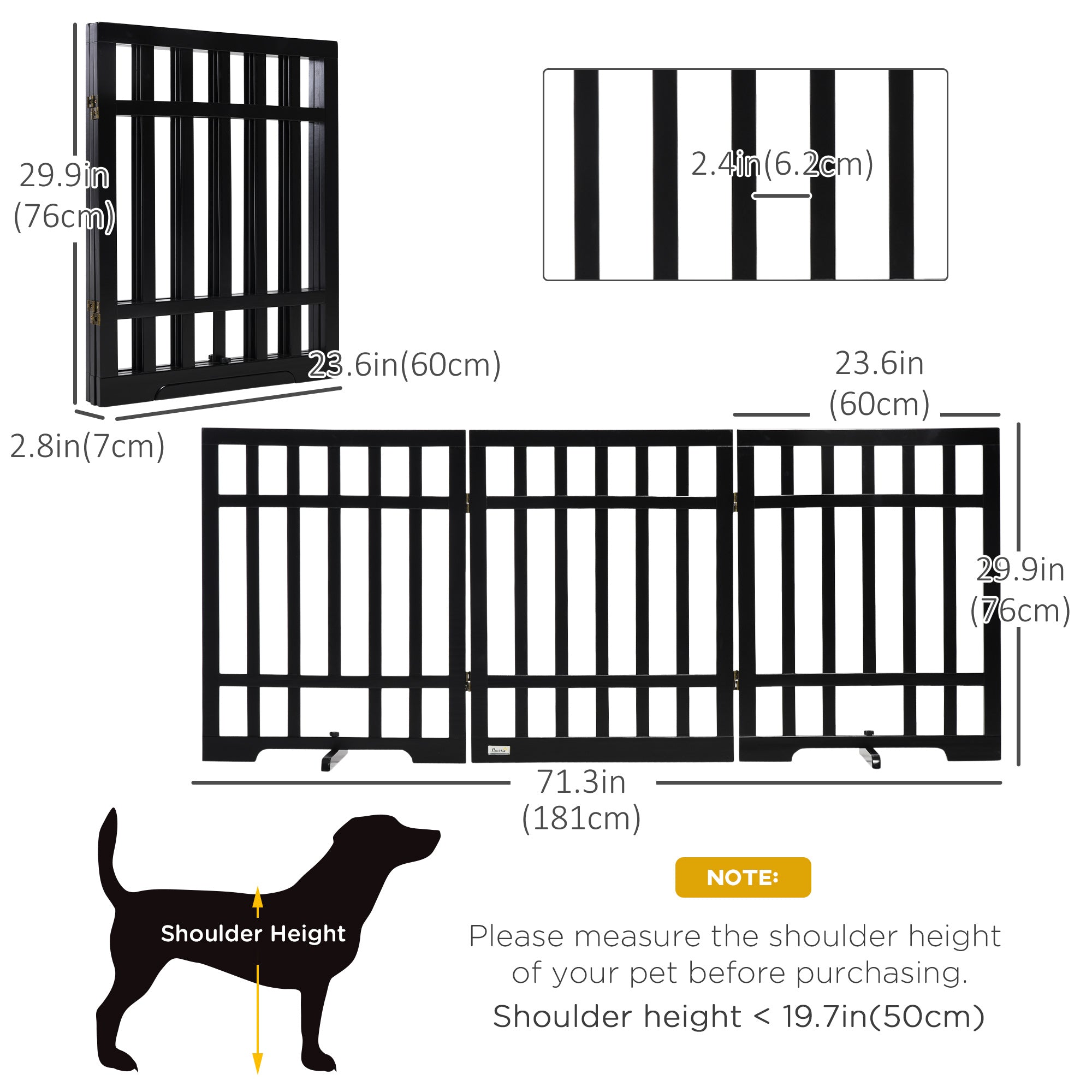PawHut Freestanding Pet Gate with 2PCS Support Feet, 3 Panels Folding Dog Gates for the House Doorway Stairs, Expands up to 71.3" Wide, 29.9" Tall, Black