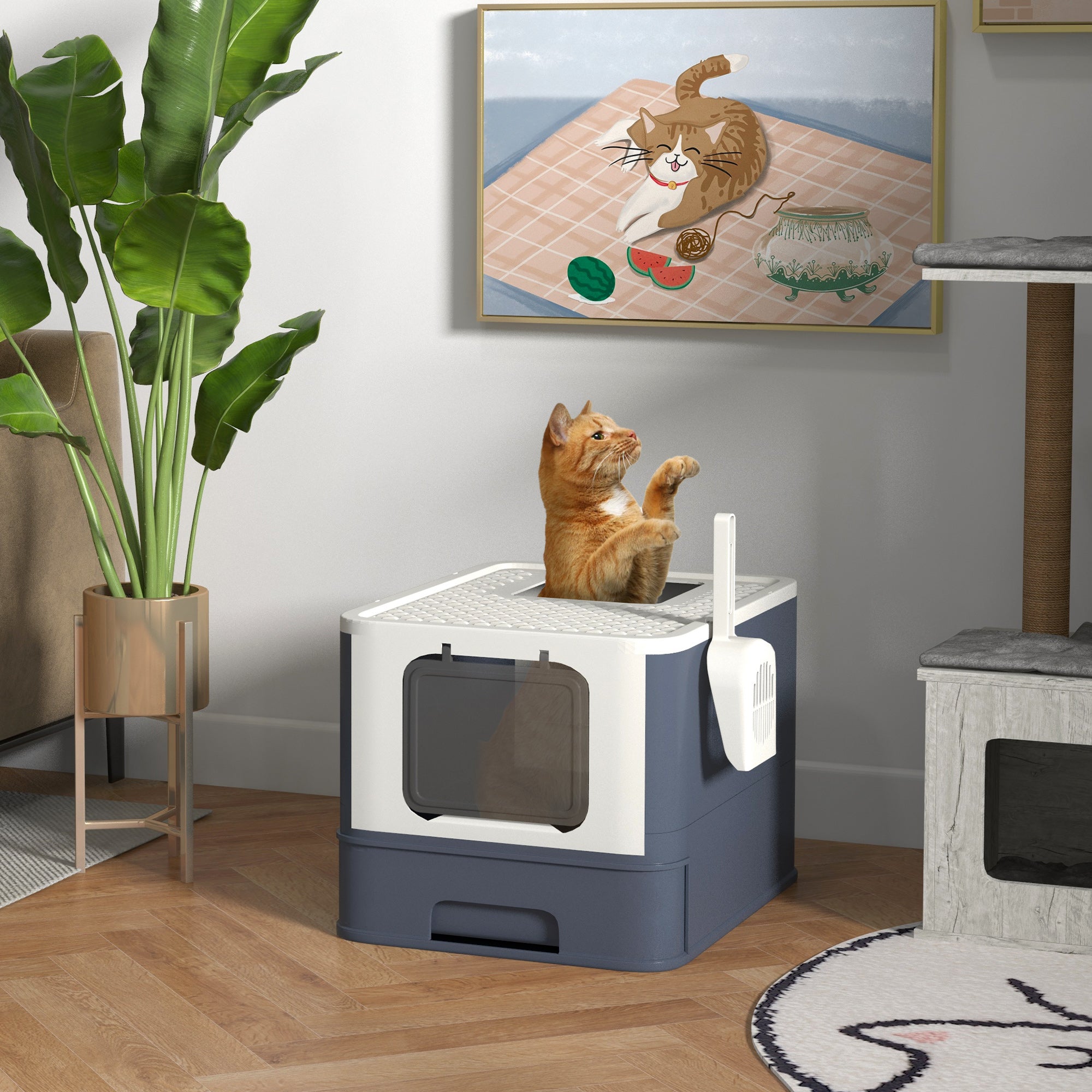 PawHut Cat Litter Box with Lid, Covered Large Cat Litter Box with Scoop, Front Entry and Top Exit, Easy to Clean Kitty Litter Box for Large Adult Cats, White