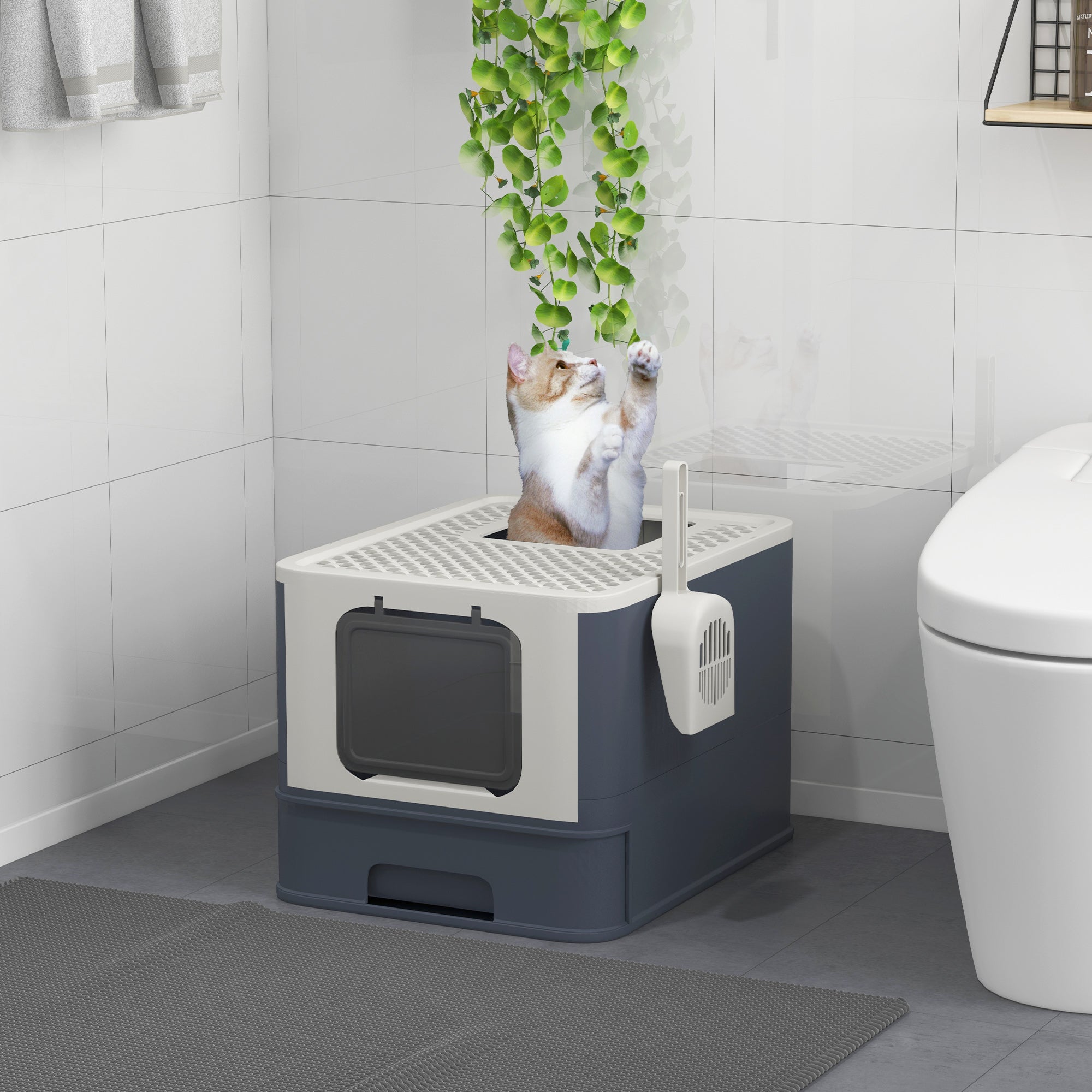 PawHut Cat Litter Box with Lid, Covered Large Cat Litter Box with Scoop, Front Entry and Top Exit, Easy to Clean Kitty Litter Box for Large Adult Cats, White