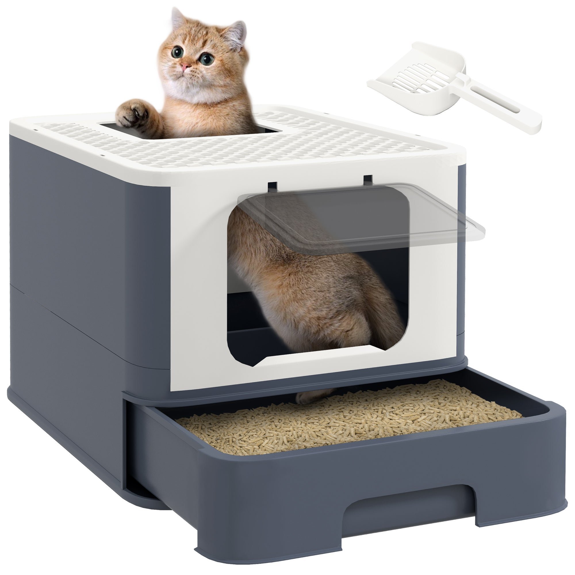 PawHut Cat Litter Box with Lid, Covered Large Cat Litter Box with Scoop, Front Entry and Top Exit, Easy to Clean Kitty Litter Box for Large Adult Cats, White