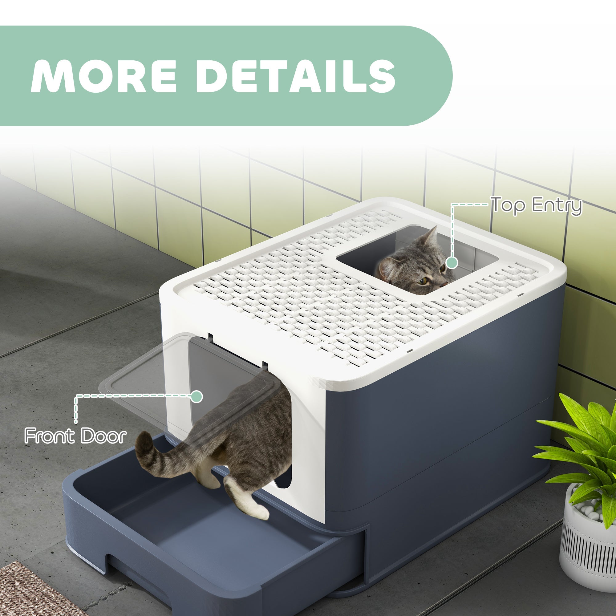 PawHut Cat Litter Box with Lid, Covered Large Cat Litter Box with Scoop, Front Entry and Top Exit, Easy to Clean Kitty Litter Box for Large Adult Cats, White