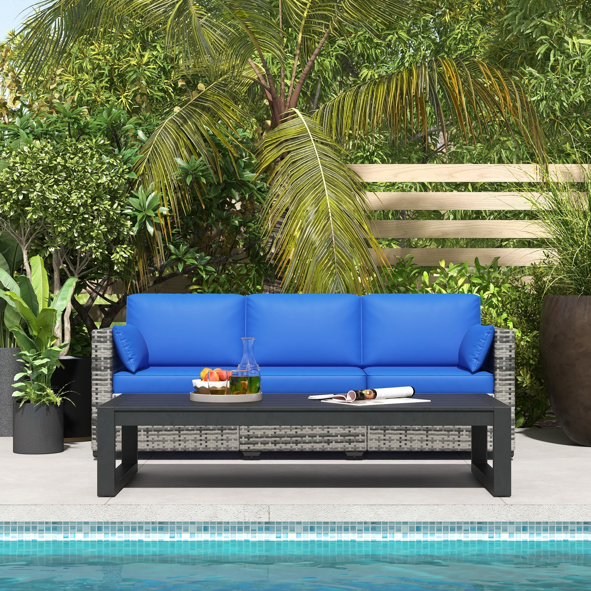Outsunny Three-Seater Outdoor Sofa with Cushions, PE Rattan Conversation Patio Couch with Pillows for Conservatory, Garden, Poolside, Blue