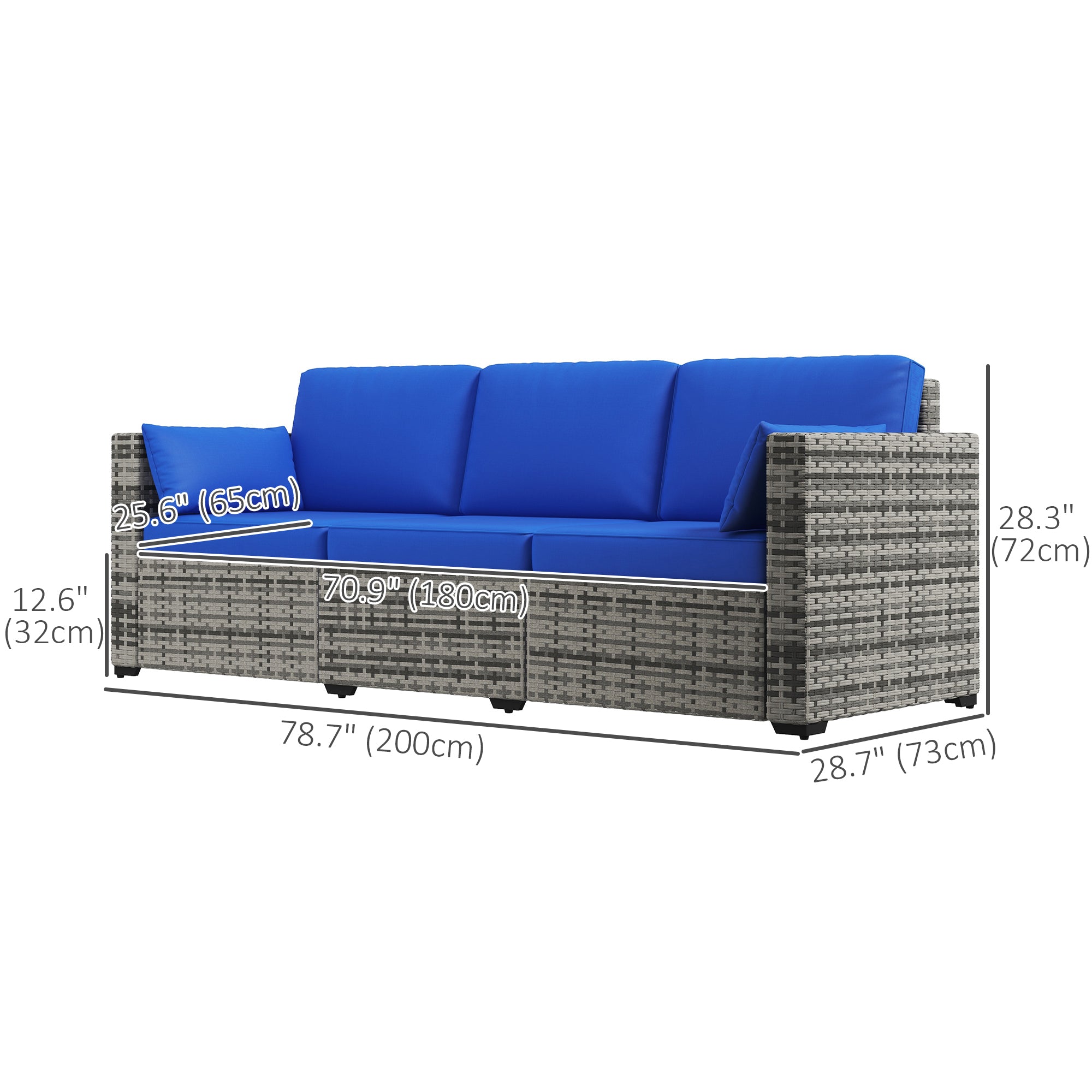 Outsunny Three-Seater Outdoor Sofa with Cushions, PE Rattan Conversation Patio Couch with Pillows for Conservatory, Garden, Poolside, Blue