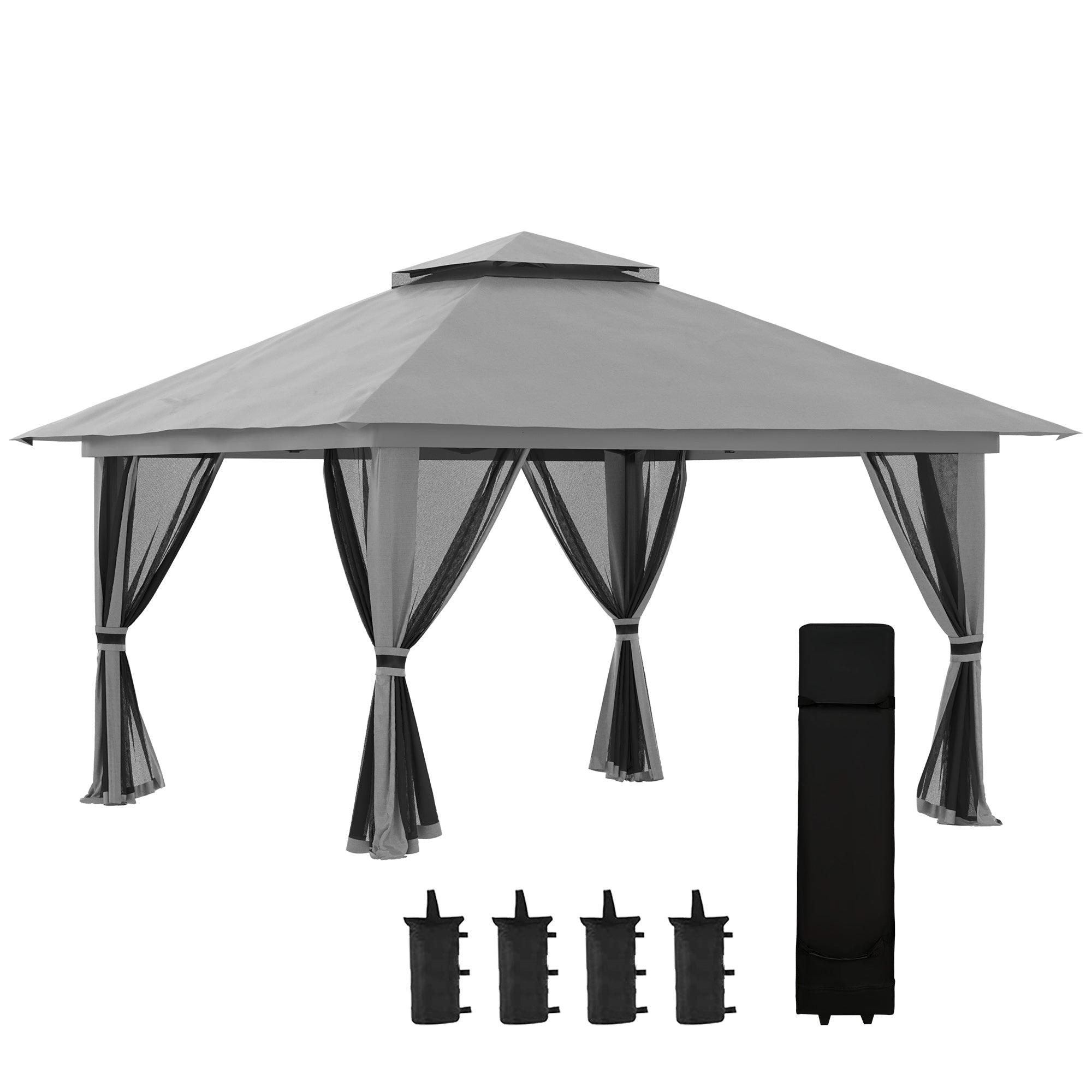 Outsunny 13' x 13' Pop Up Canopy with Mesh Sidewalls and Water/Sand Bag, UPF 50+ Easy Up Canopy Tent Shelter, Wheeled Carry Bag for Garden, Backyard, Patio, Lawn, Dark Grey
