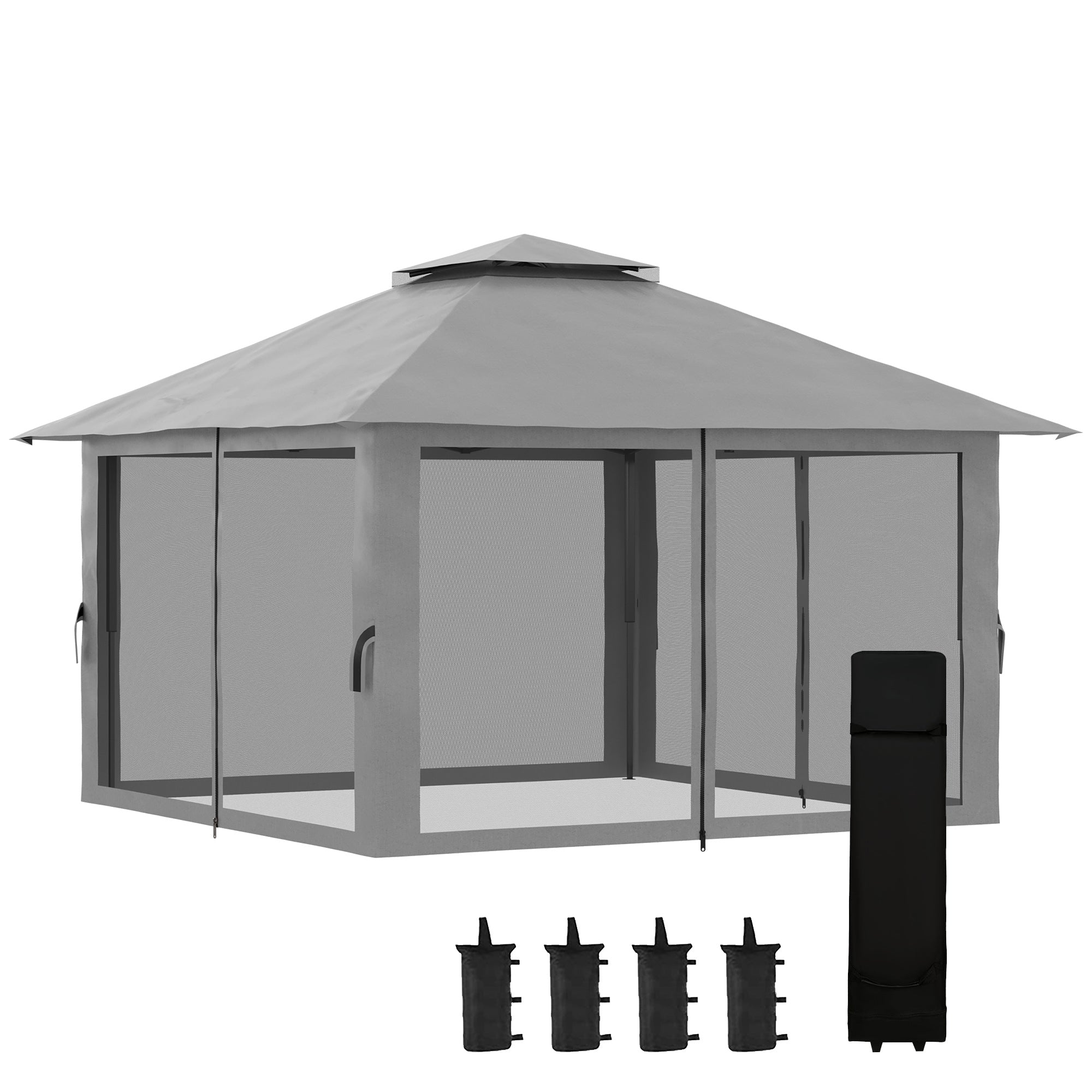 Outsunny 13' x 13' Pop Up Canopy with Mesh Sidewalls and Water/Sand Bag, UPF 50+ Easy Up Canopy Tent Shelter, Wheeled Carry Bag for Garden, Backyard, Patio, Lawn, Dark Grey