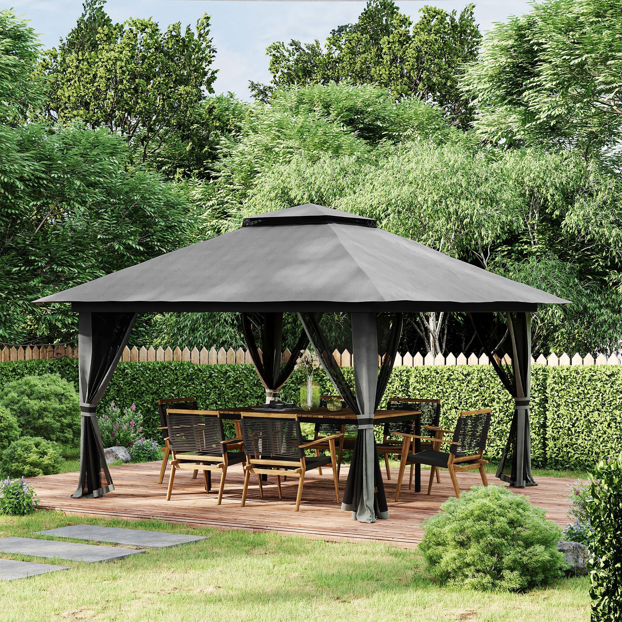 Outsunny 13' x 13' Pop Up Canopy with Mesh Sidewalls and Water/Sand Bag, UPF 50+ Easy Up Canopy Tent Shelter, Wheeled Carry Bag for Garden, Backyard, Patio, Lawn, Dark Grey