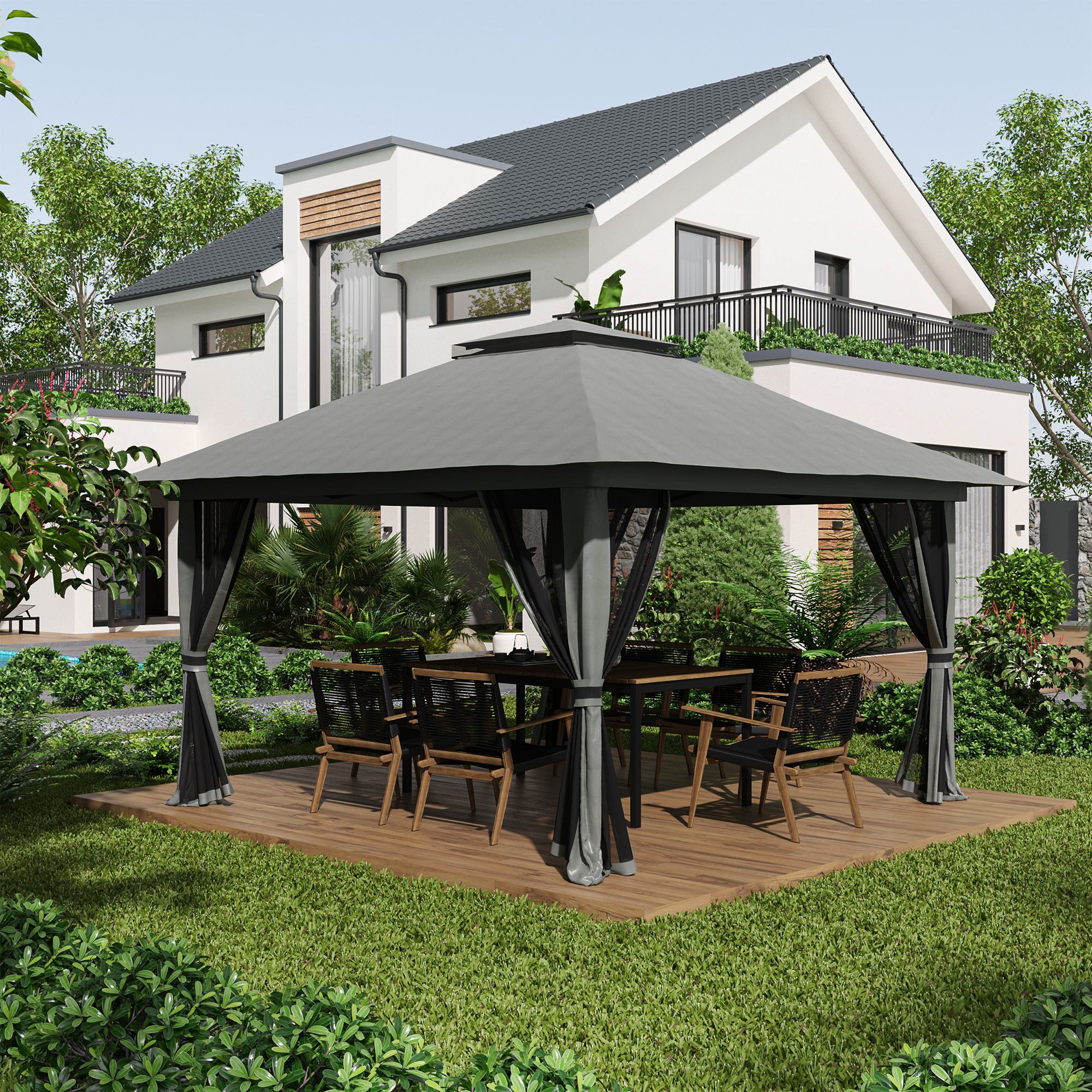 Outsunny 13' x 13' Pop Up Canopy with Mesh Sidewalls and Water/Sand Bag, UPF 50+ Easy Up Canopy Tent Shelter, Wheeled Carry Bag for Garden, Backyard, Patio, Lawn, Dark Grey