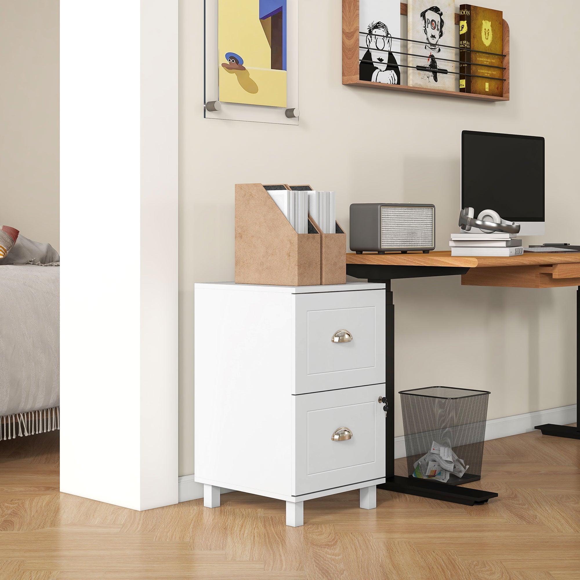 HOMCOM 2 Drawer File Cabinet, Lockable Filing Cabinet with Adjustable Hanging Bars for A4 and Letter for Home Office, White