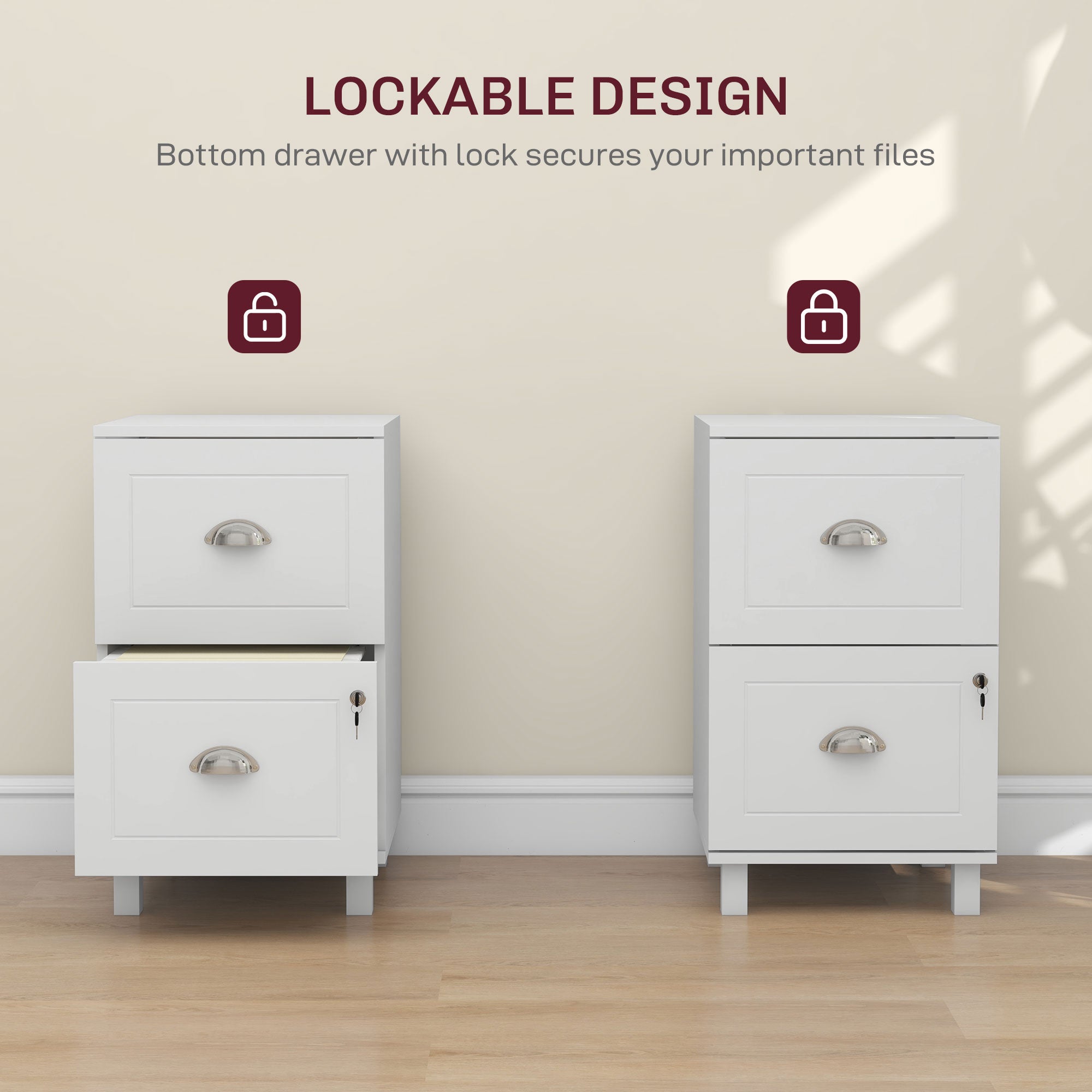 HOMCOM 2 Drawer File Cabinet, Lockable Filing Cabinet with Adjustable Hanging Bars for A4 and Letter for Home Office, White