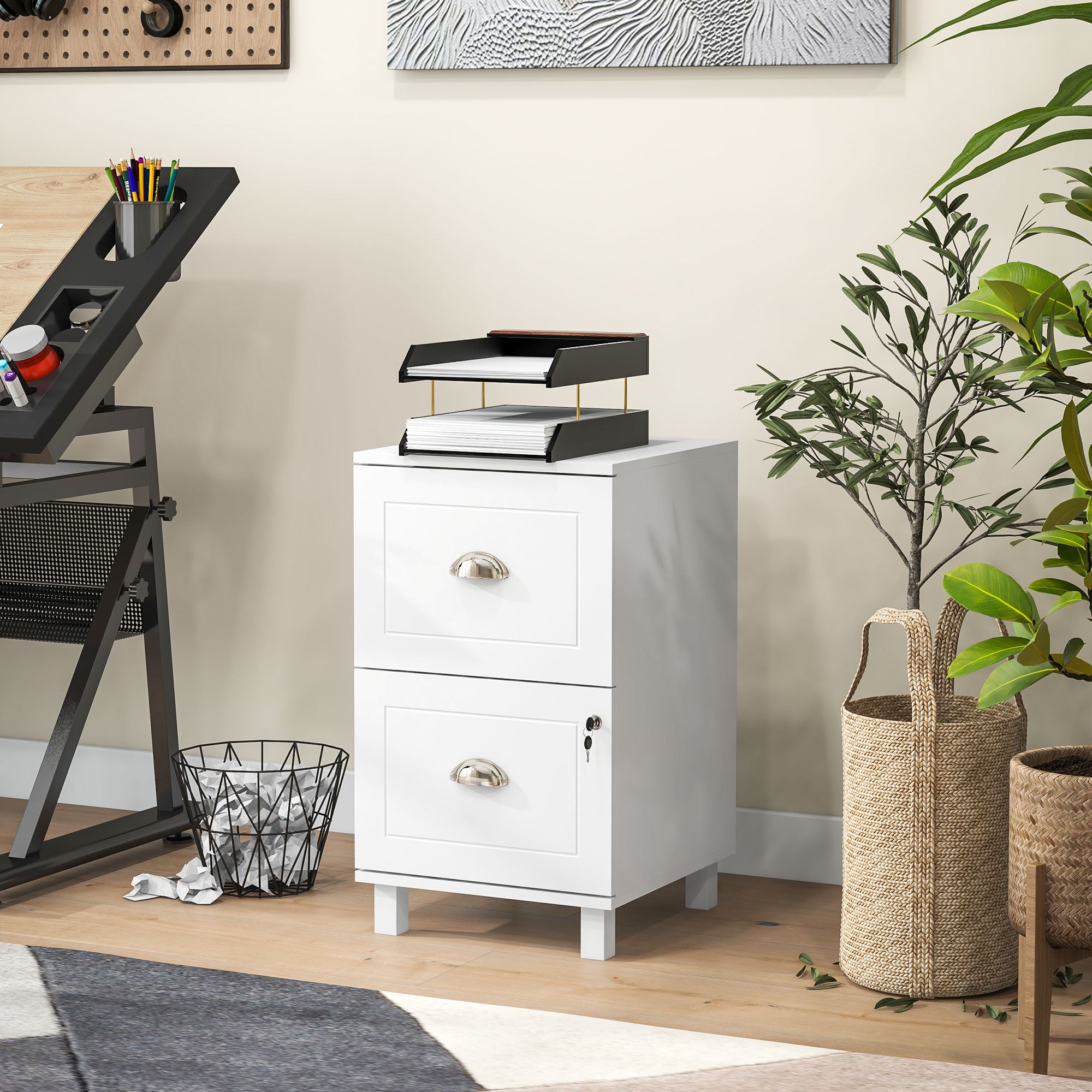 HOMCOM 2 Drawer File Cabinet, Lockable Filing Cabinet with Adjustable Hanging Bars for A4 and Letter for Home Office, White