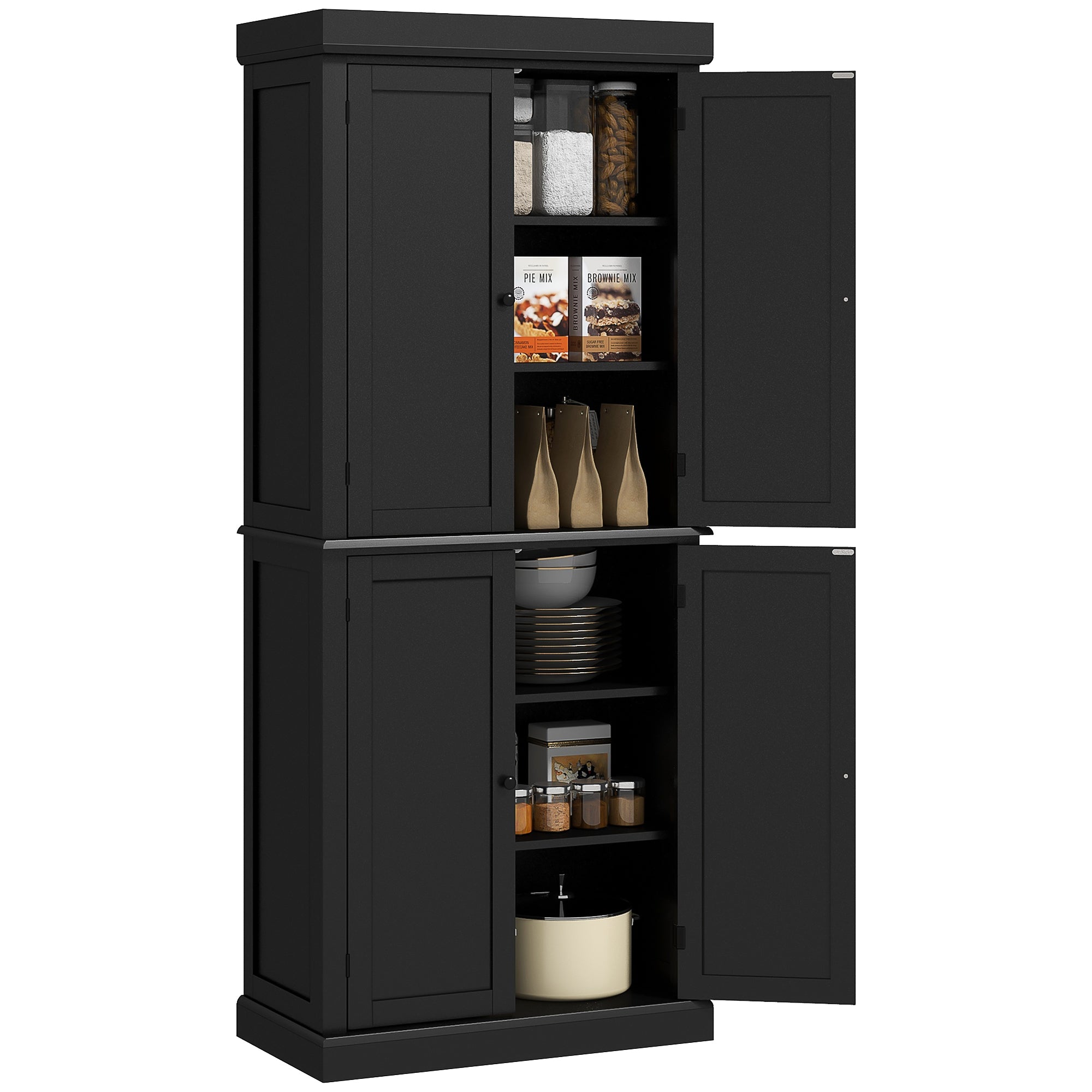 HOMCOM 72.5" Kitchen Pantry Cabinet, Freestanding Kitchen Pantry Storage Cabinet with 4 Doors, Black