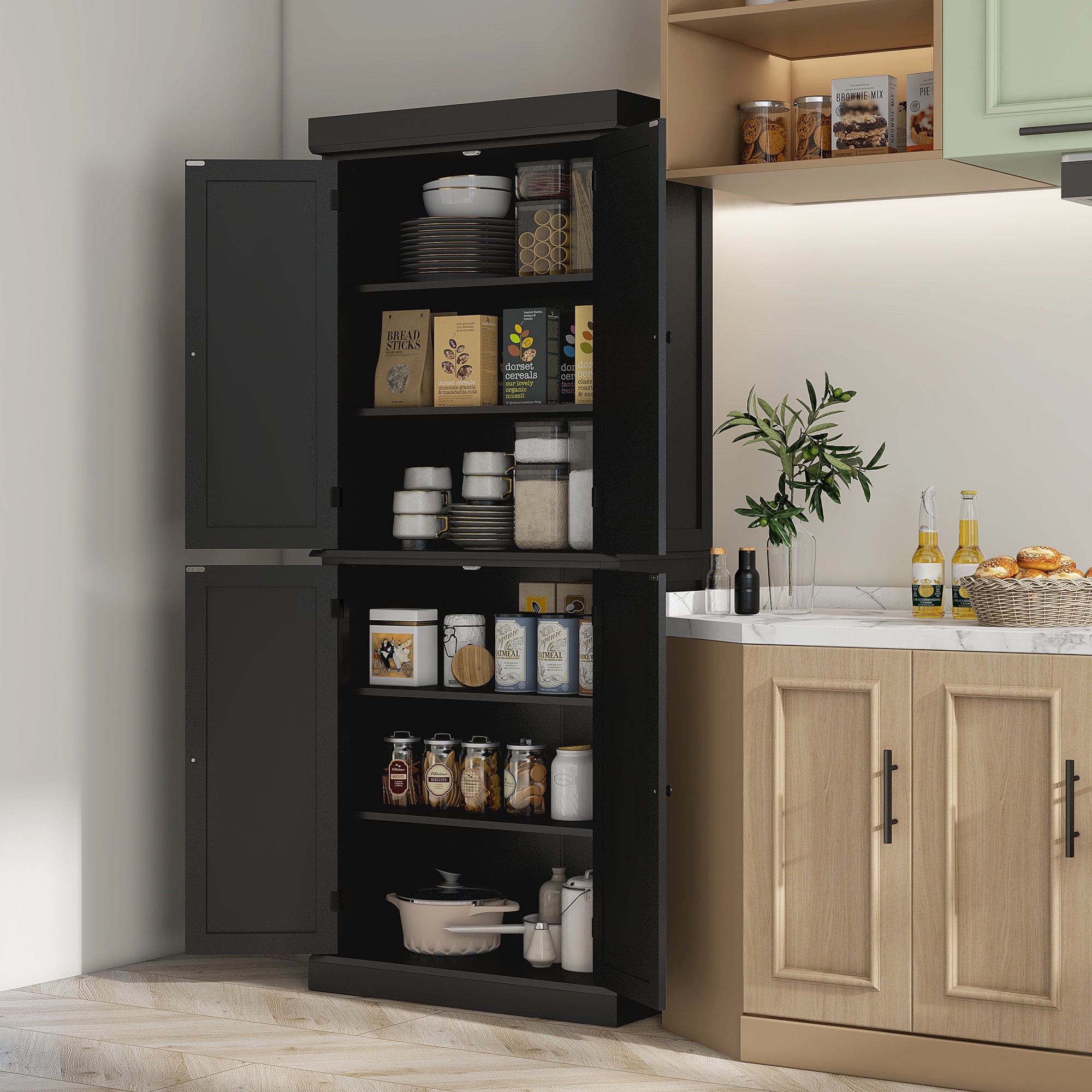 HOMCOM 72.5" Kitchen Pantry Cabinet, Freestanding Kitchen Pantry Storage Cabinet with 4 Doors, Black