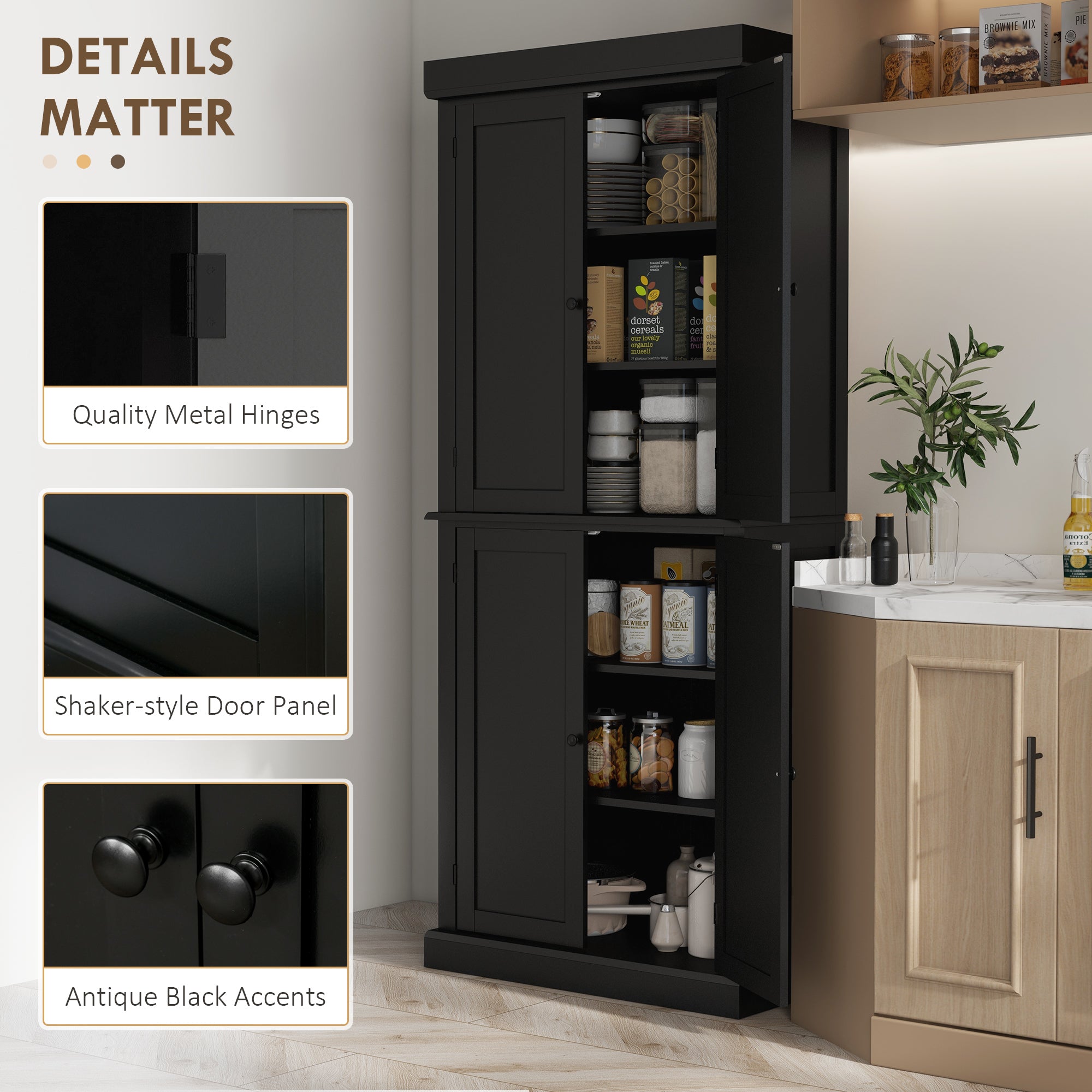 HOMCOM 72.5" Kitchen Pantry Cabinet, Freestanding Kitchen Pantry Storage Cabinet with 4 Doors, Black