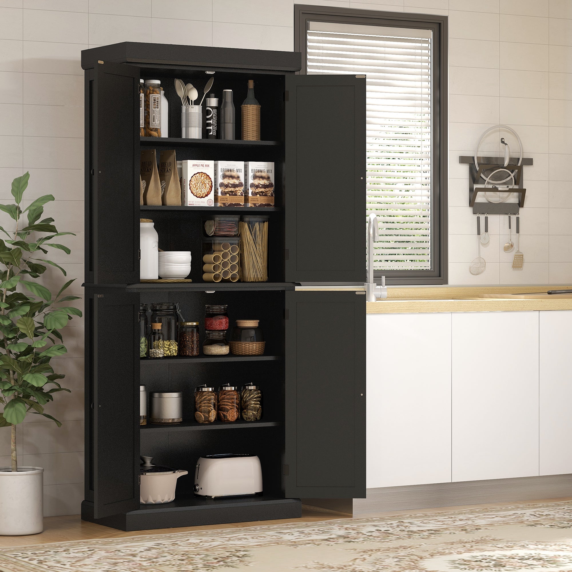 HOMCOM 72.5" Kitchen Pantry Cabinet, Freestanding Kitchen Pantry Storage Cabinet with 4 Doors, Black