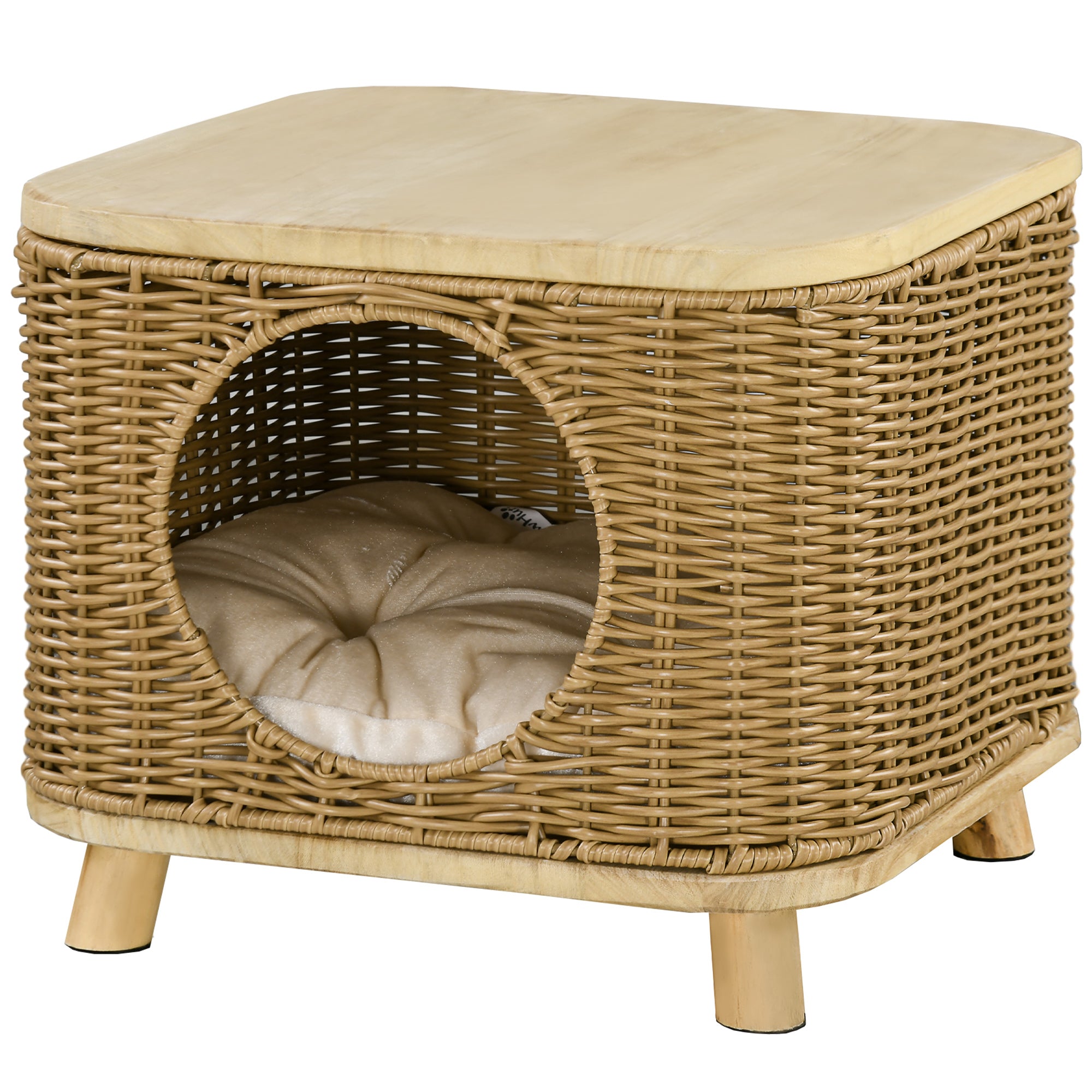 PawHut Wicker Cat House, Elevated Design Rattan Cat Bed Basket with Washable Soft Cushion, Door Hole, for Indoor Cats Kittens, Light Brown