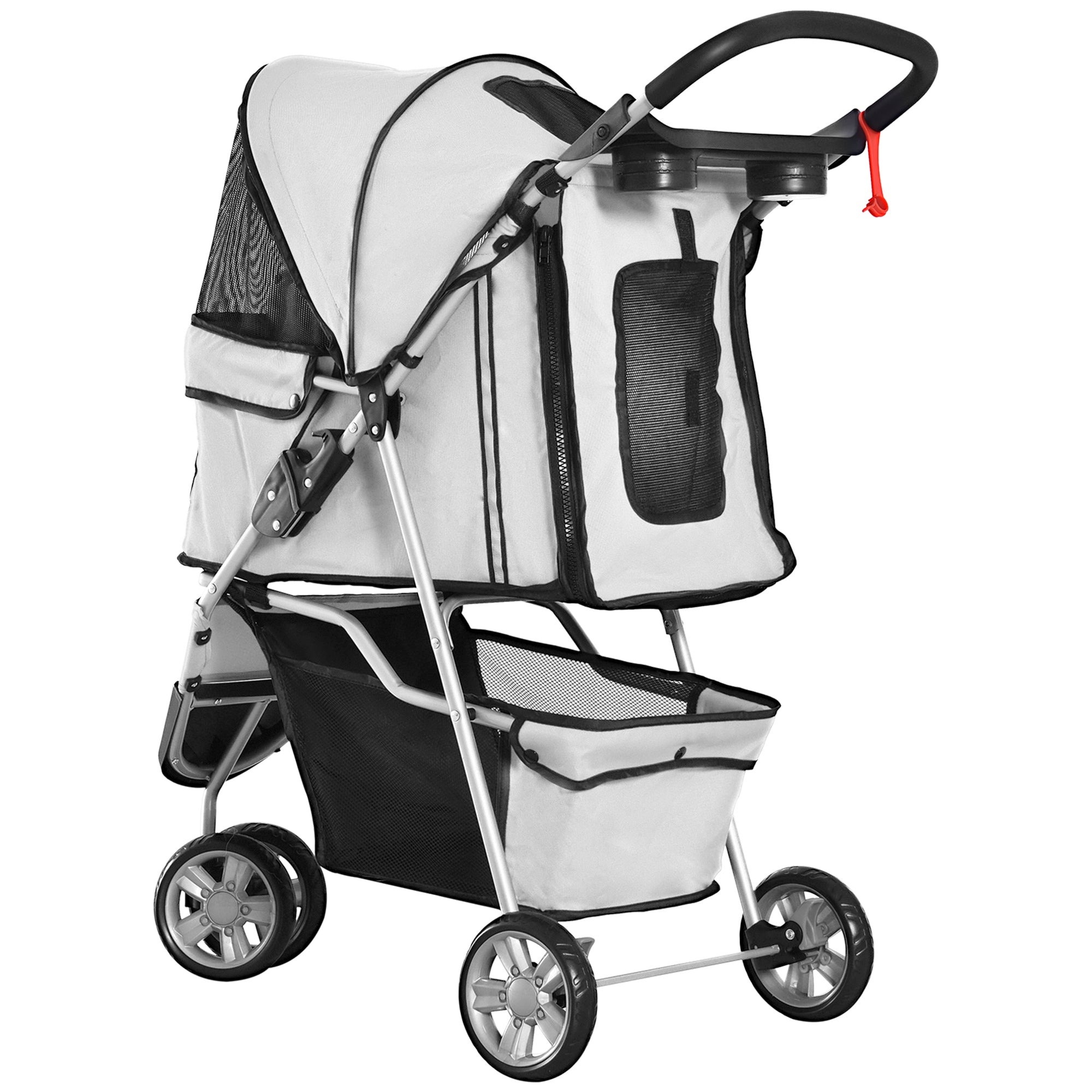 PawHut Cat Stroller, 3 Wheels Foldable Dog Stroller with Storage Basket, Brake, Adjustable Canopy, Cupholders, Pet Stroller for Miniature and Small Dogs Travel, Grey