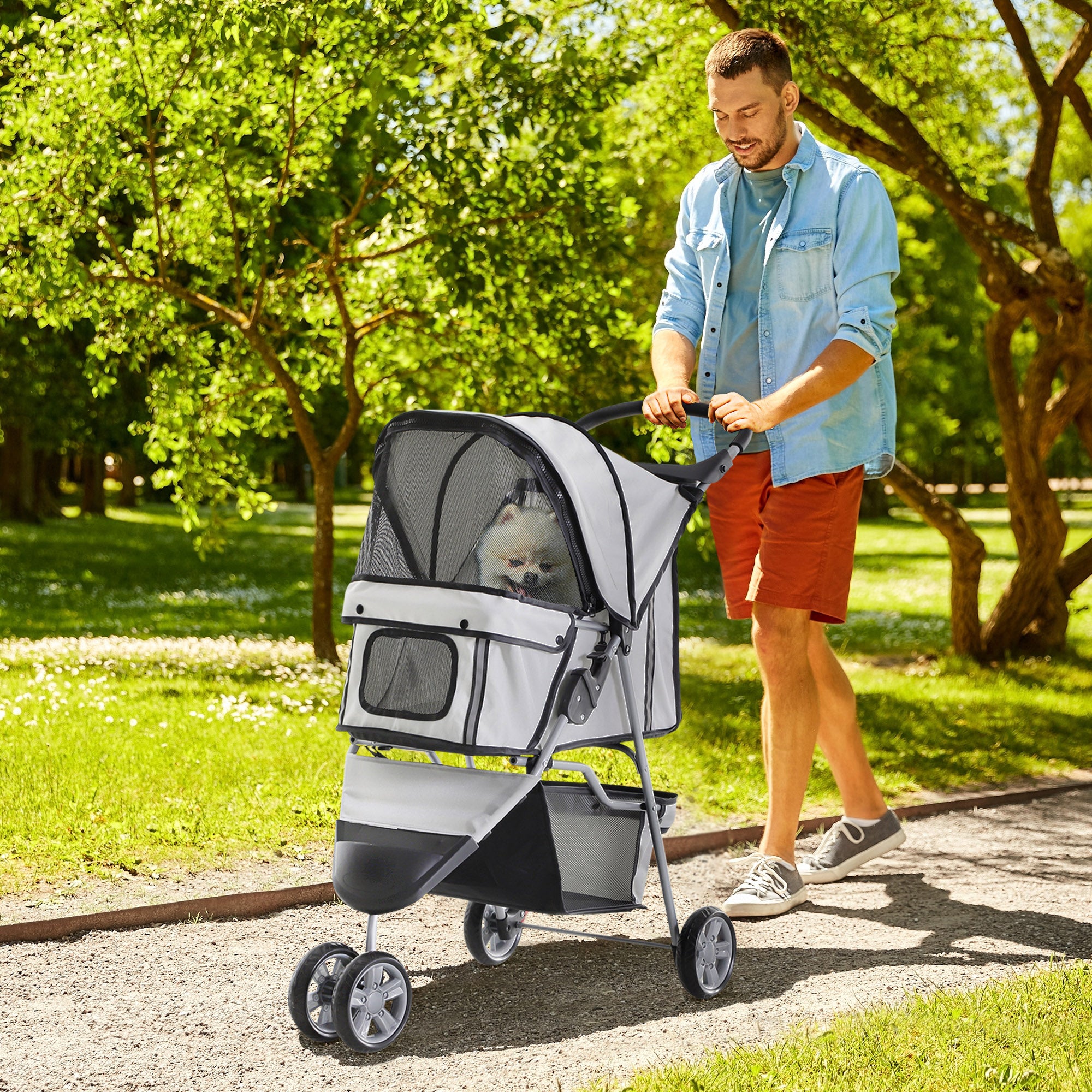 PawHut Cat Stroller, 3 Wheels Foldable Dog Stroller with Storage Basket, Brake, Adjustable Canopy, Cupholders, Pet Stroller for Miniature and Small Dogs Travel, Grey