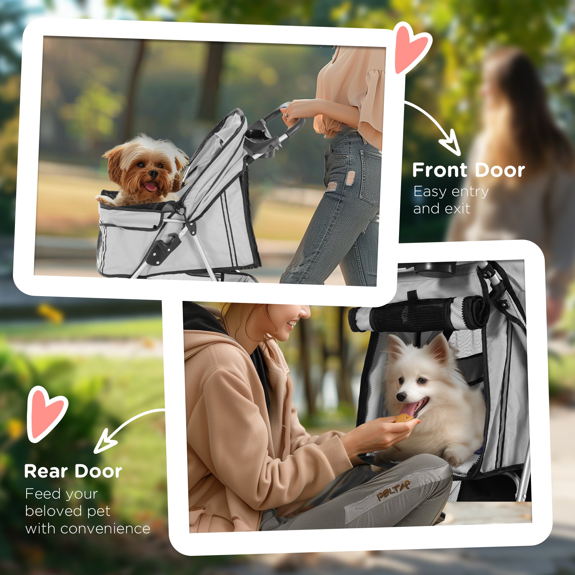 PawHut Cat Stroller, 3 Wheels Foldable Dog Stroller with Storage Basket, Brake, Adjustable Canopy, Cupholders, Pet Stroller for Miniature and Small Dogs Travel, Grey