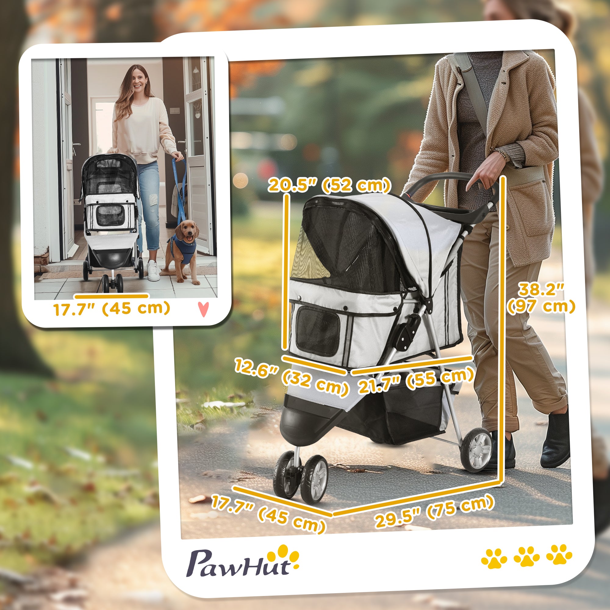 PawHut Cat Stroller, 3 Wheels Foldable Dog Stroller with Storage Basket, Brake, Adjustable Canopy, Cupholders, Pet Stroller for Miniature and Small Dogs Travel, Grey
