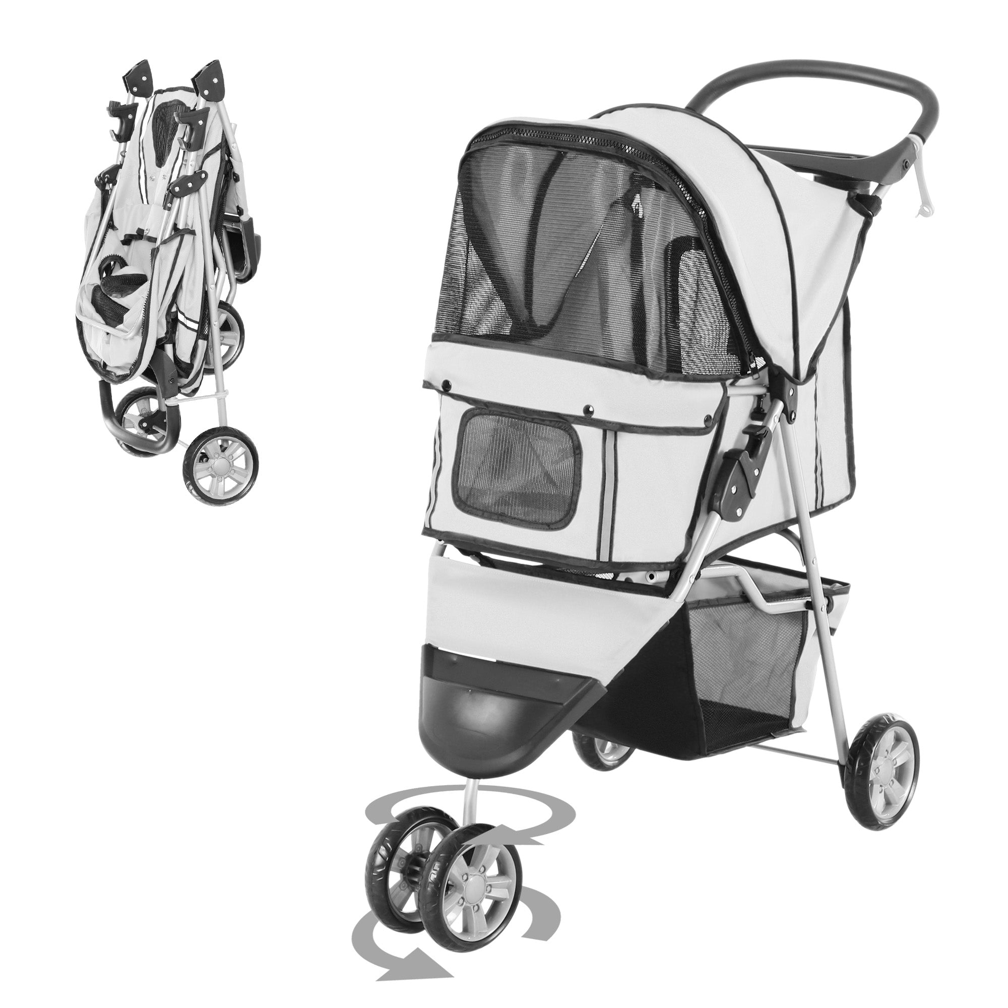 PawHut Cat Stroller, 3 Wheels Foldable Dog Stroller with Storage Basket, Brake, Adjustable Canopy, Cupholders, Pet Stroller for Miniature and Small Dogs Travel, Grey