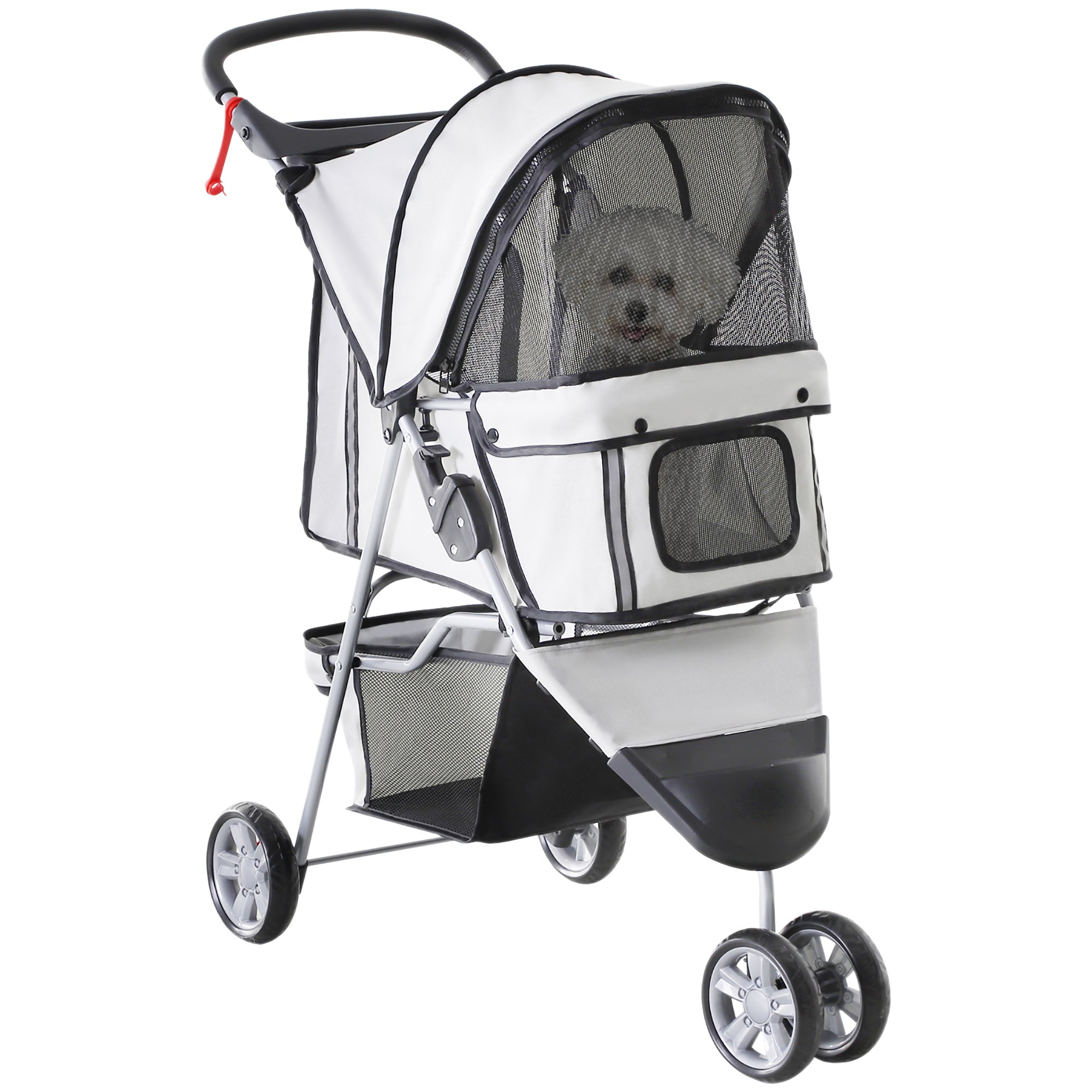 PawHut Cat Stroller, 3 Wheels Foldable Dog Stroller with Storage Basket, Brake, Adjustable Canopy, Cupholders, Pet Stroller for Miniature and Small Dogs Travel, Grey