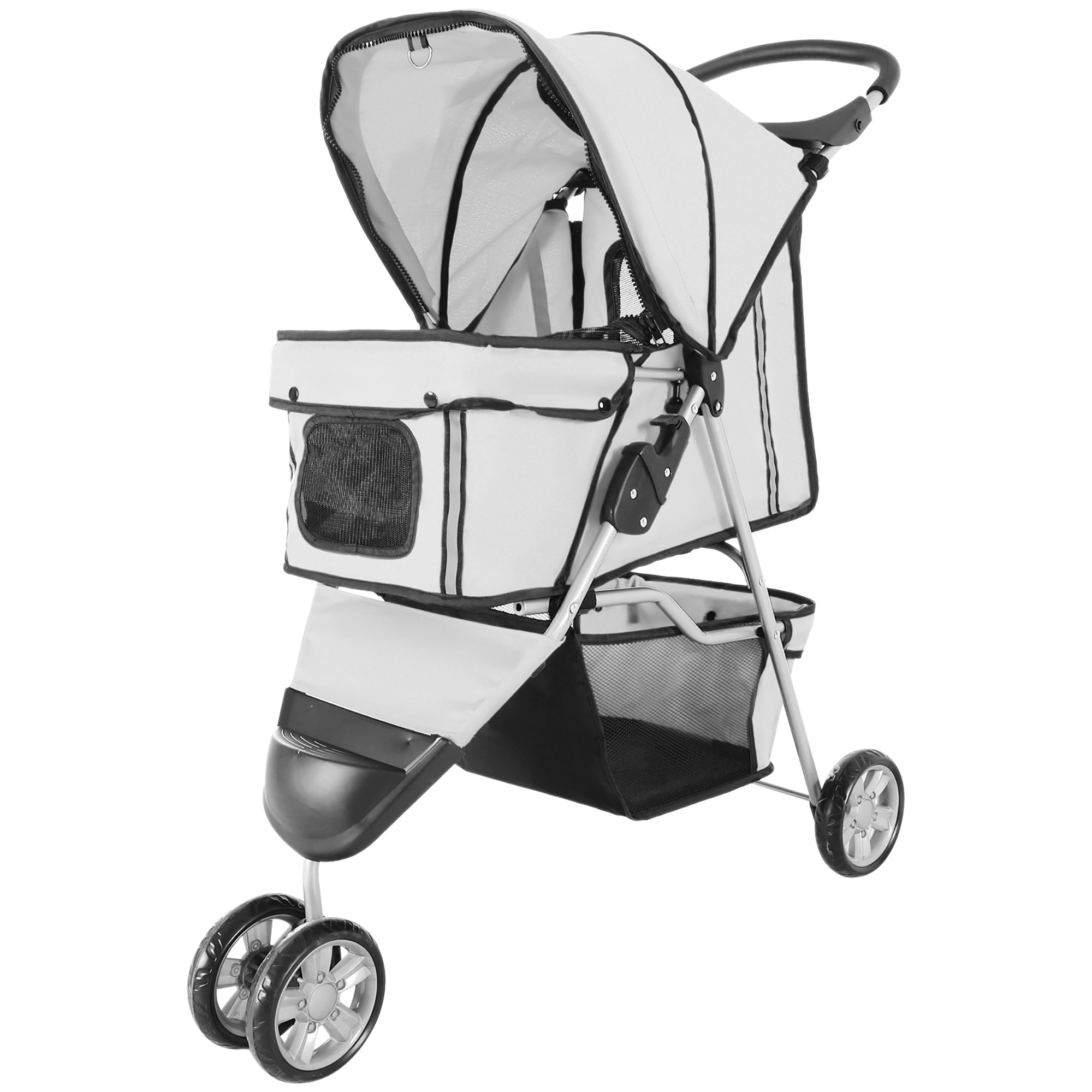 PawHut Cat Stroller, 3 Wheels Foldable Dog Stroller with Storage Basket, Brake, Adjustable Canopy, Cupholders, Pet Stroller for Miniature and Small Dogs Travel, Grey