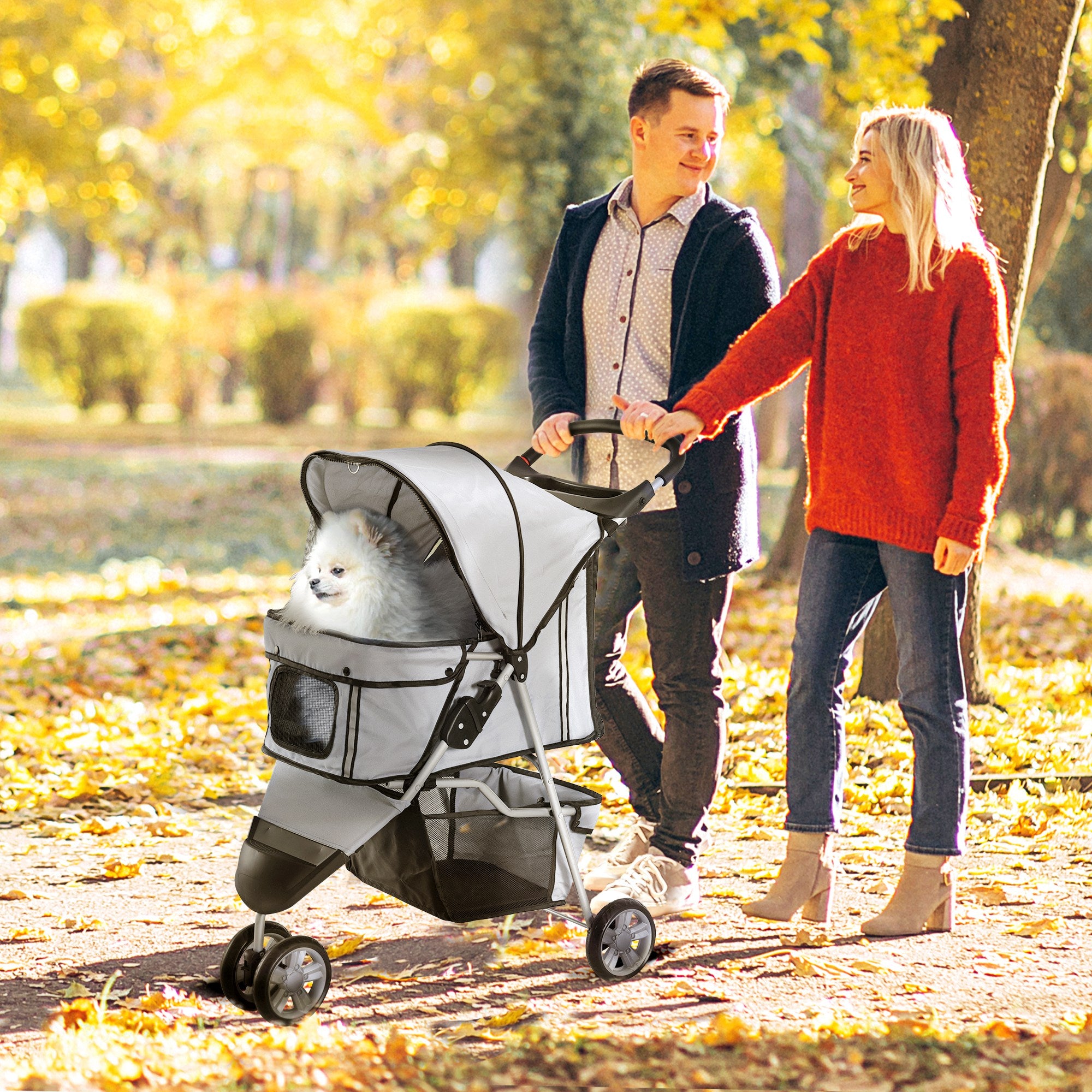 PawHut Cat Stroller, 3 Wheels Foldable Dog Stroller with Storage Basket, Brake, Adjustable Canopy, Cupholders, Pet Stroller for Miniature and Small Dogs Travel, Grey