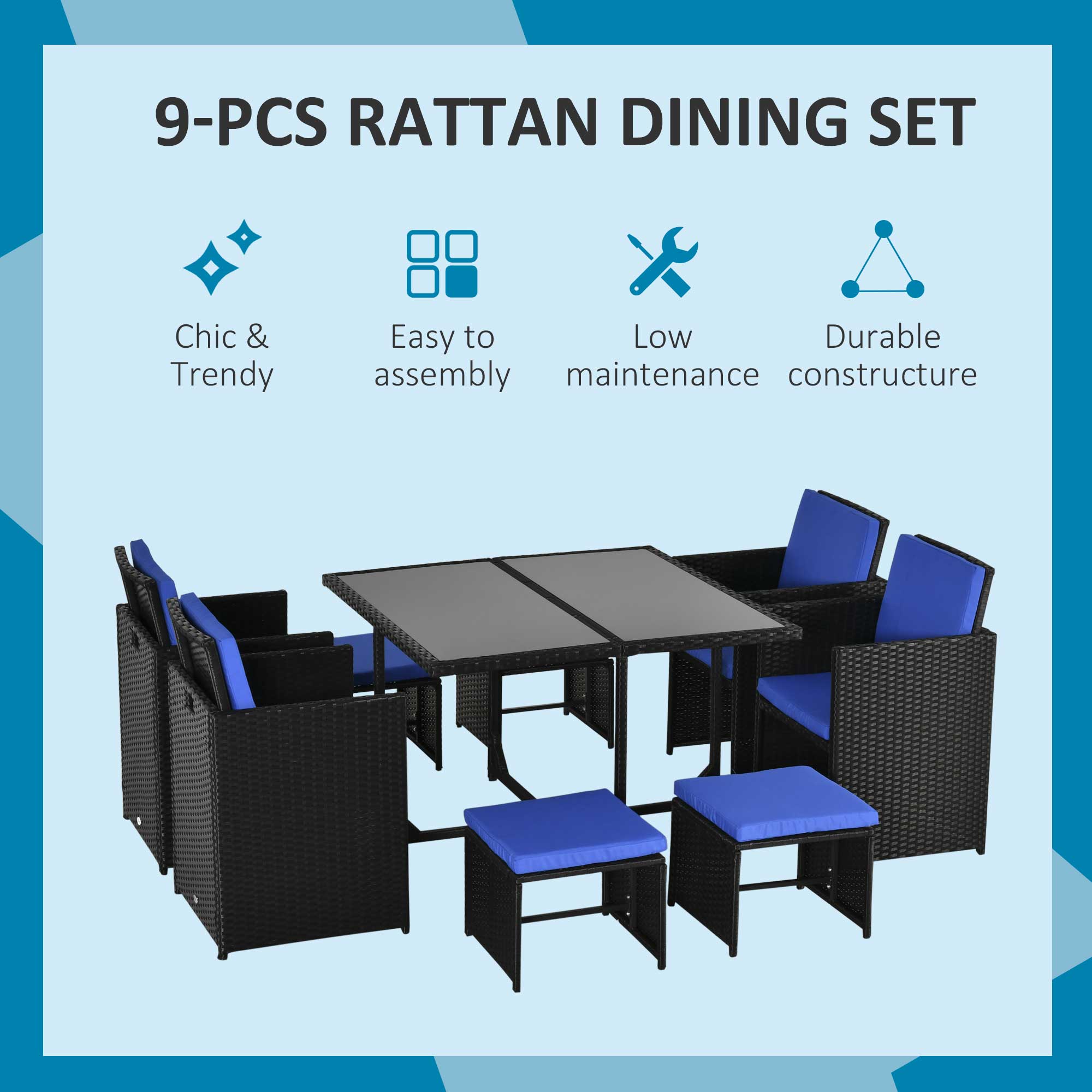 Outsunny 9 Pieces Wicker Patio Dining Set Outdoor Furniture Set with Removable Cushions, Glass Top Dining Table, Ottomans, PE Rattan Conversation Set for Garden Poolside, Blue